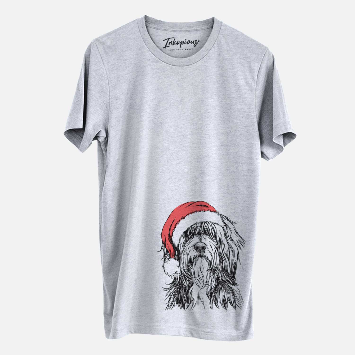 Hand-drawn sketch of Fiji the Polish Lowland Sheepdog wearing a Santa hat on a Grey Unisex crewneck
