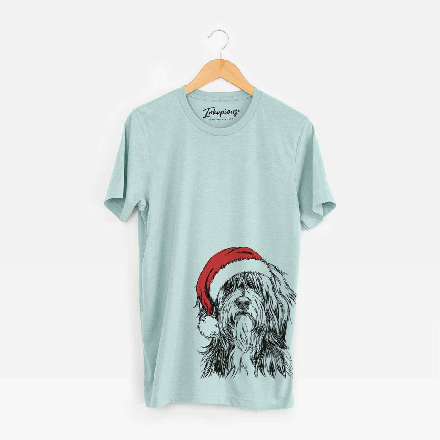 Hand-drawn sketch of Fiji the Polish Lowland Sheepdog wearing a Santa hat on a Heather Sage Unisex crewneck