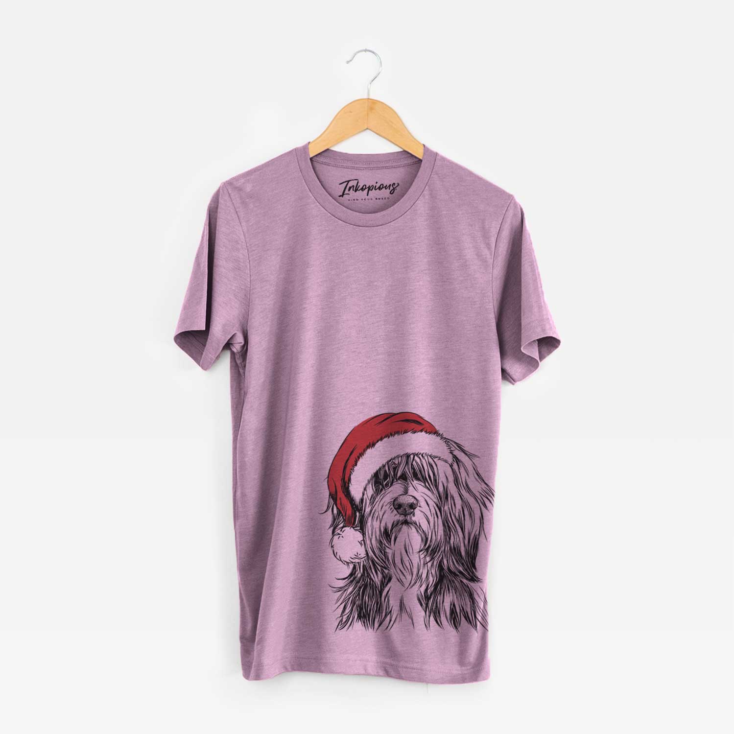 Hand-drawn sketch of Fiji the Polish Lowland Sheepdog wearing a Santa hat on an Orchid Unisex crewneck