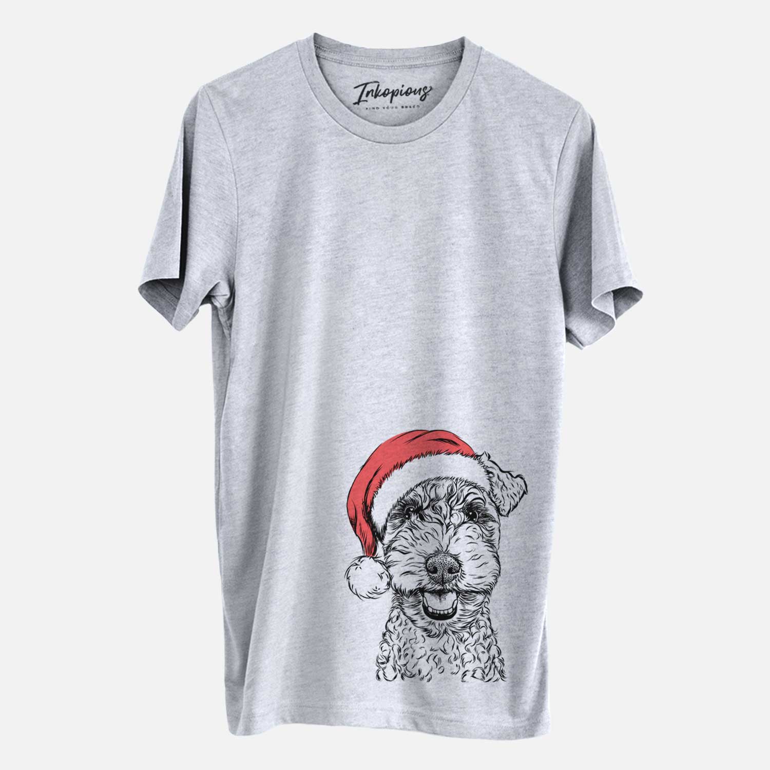 Hand-drawn sketch of Fintan the Irish Troodle wearing a Santa hat on a Grey Unisex crewneck