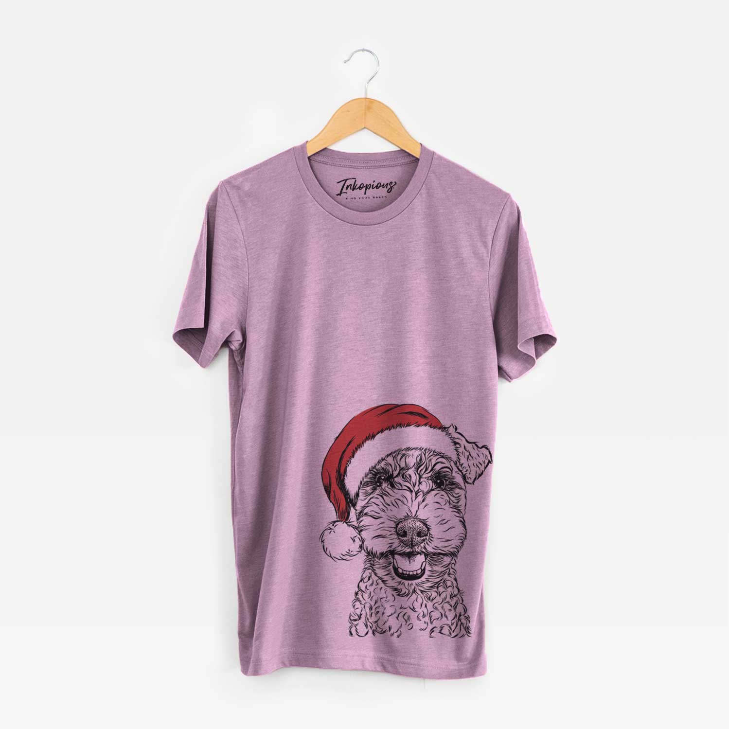 Hand-drawn sketch of Fintan the Irish Troodle wearing a Santa hat on an Orchid Unisex crewneck