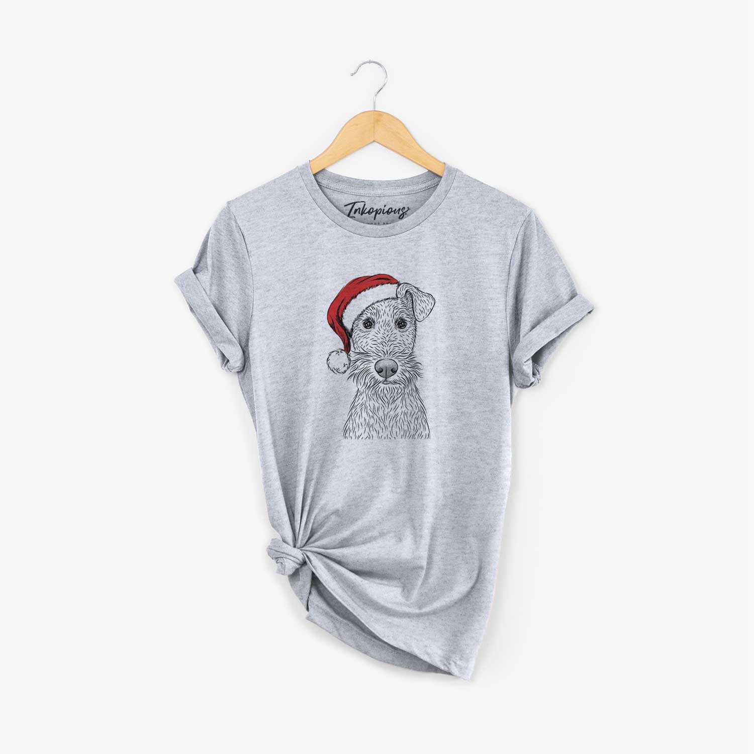 Hand-drawn sketch of Fitz the Wire Fox Terrier wearing a Santa hat on a Grey Unisex crewneck