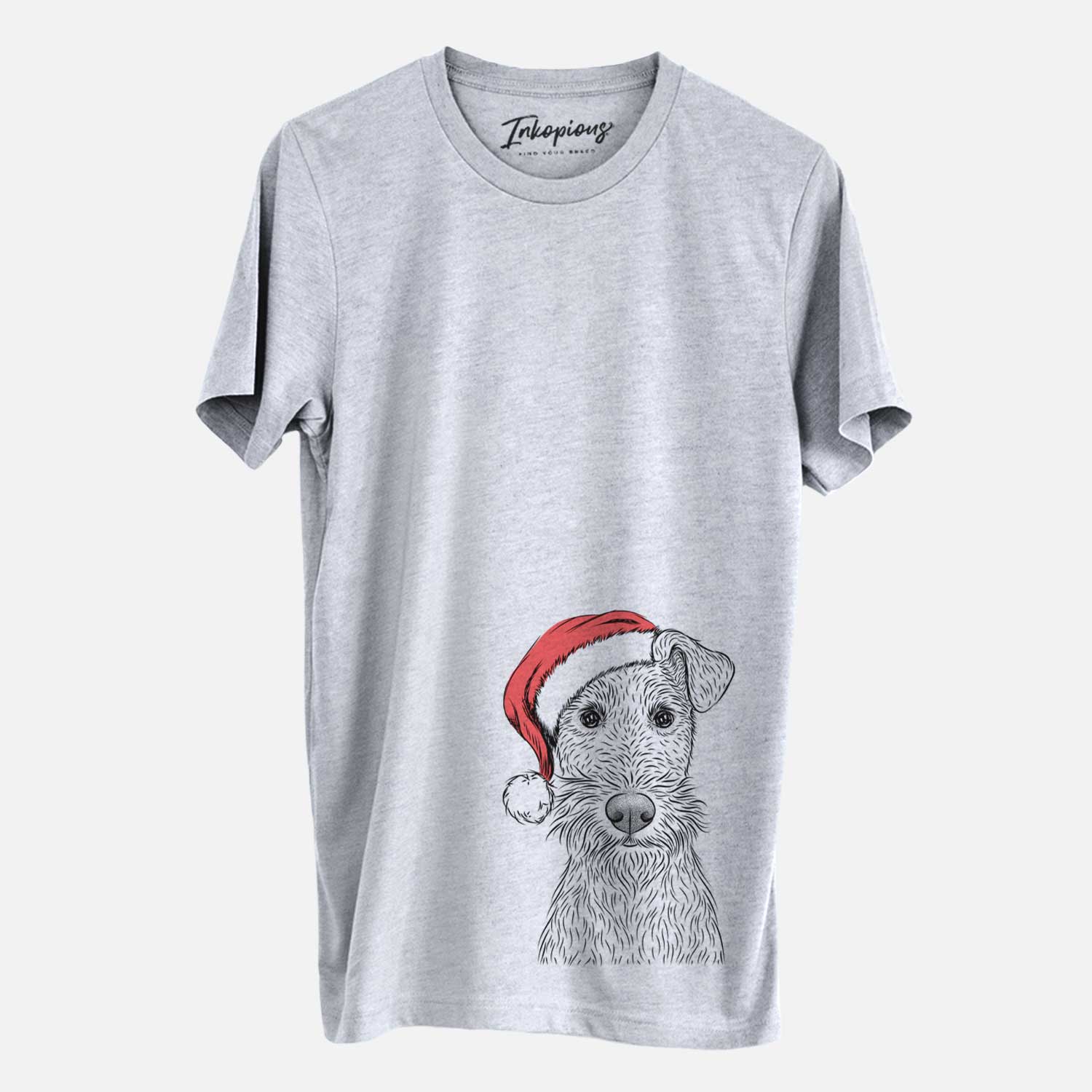Hand-drawn sketch of Fitz the Wire Fox Terrier wearing a Santa hat on a Grey Unisex crewneck