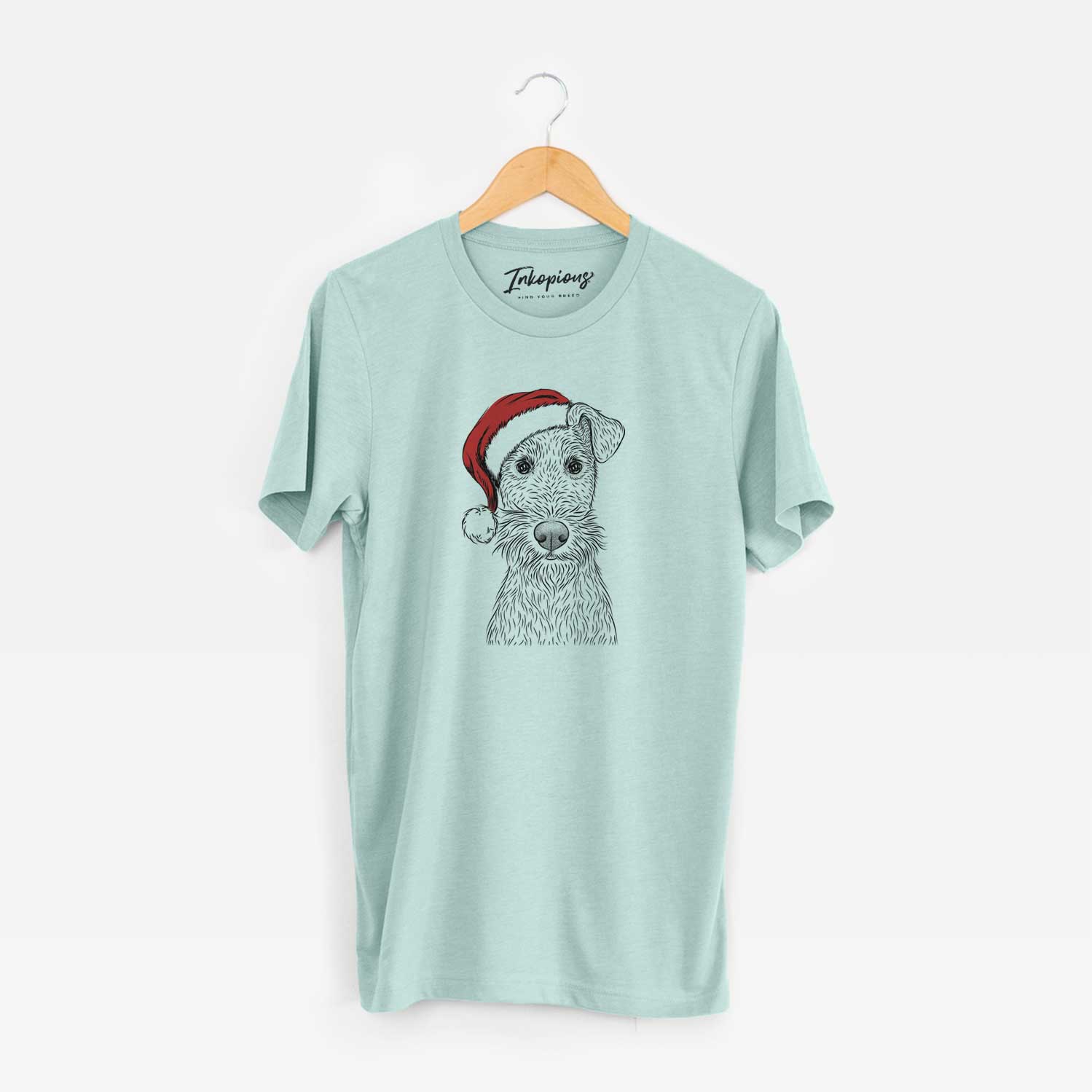 Hand-drawn sketch of Fitz the Wire Fox Terrier wearing a Santa hat on a Heather Sage Unisex crewneck