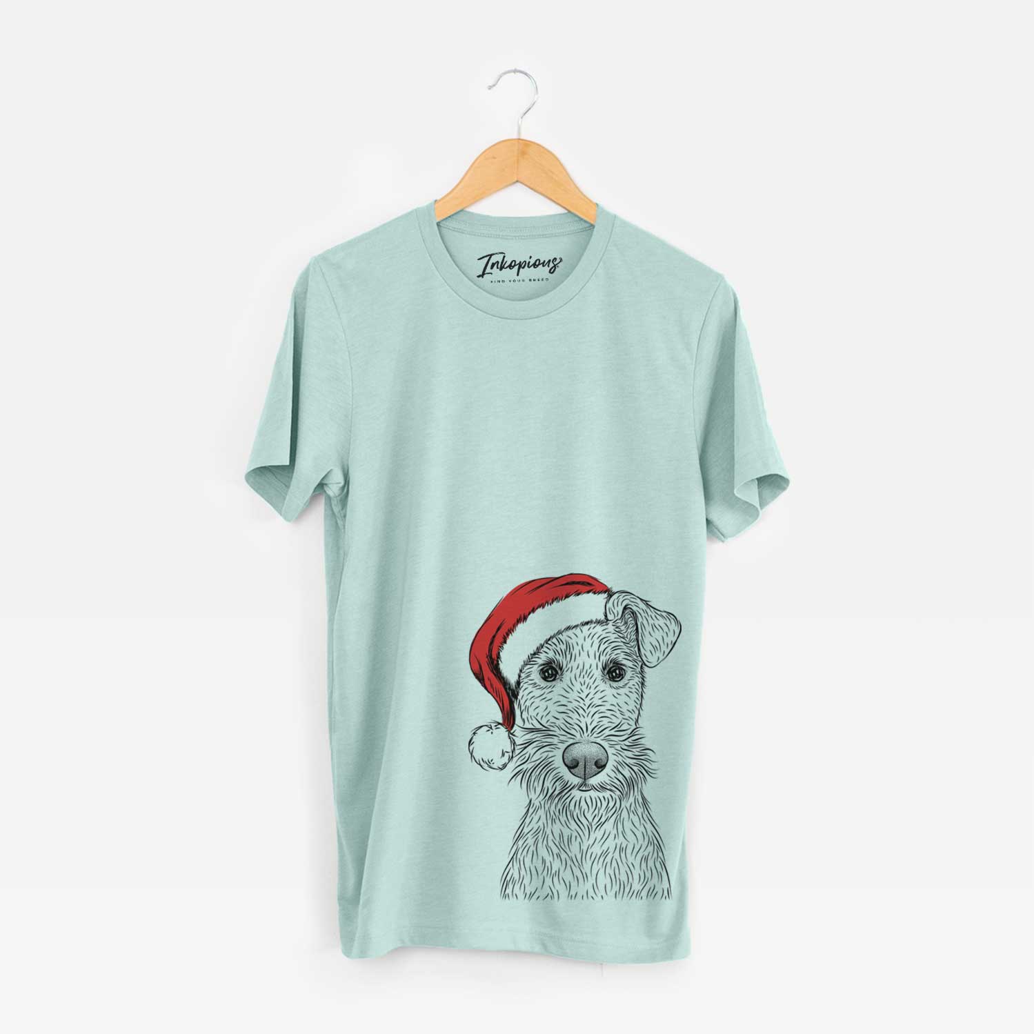 Hand-drawn sketch of Fitz the Wire Fox Terrier wearing a Santa hat on a Heather Sage Unisex crewneck