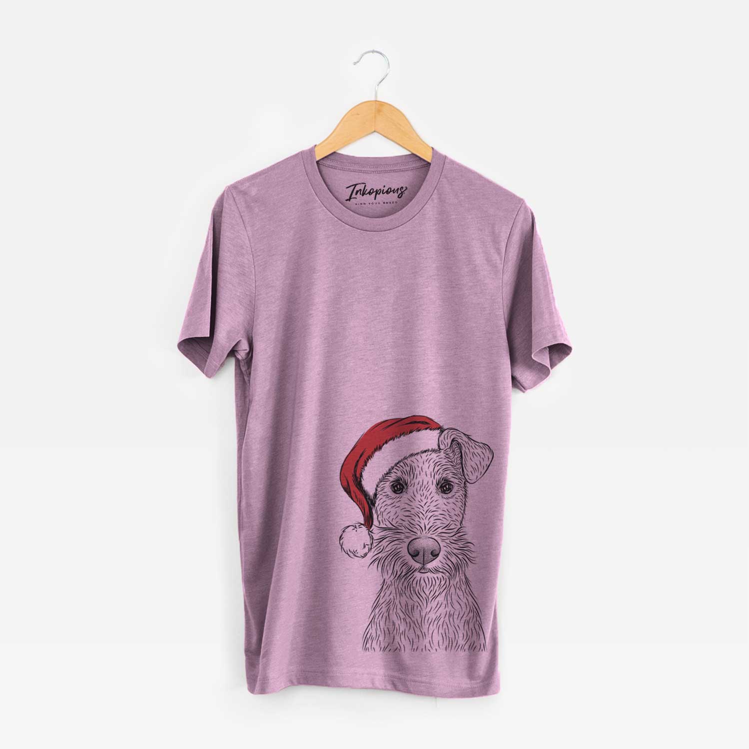 Hand-drawn sketch of Fitz the Wire Fox Terrier wearing a Santa hat on an Orchid Unisex crewneck