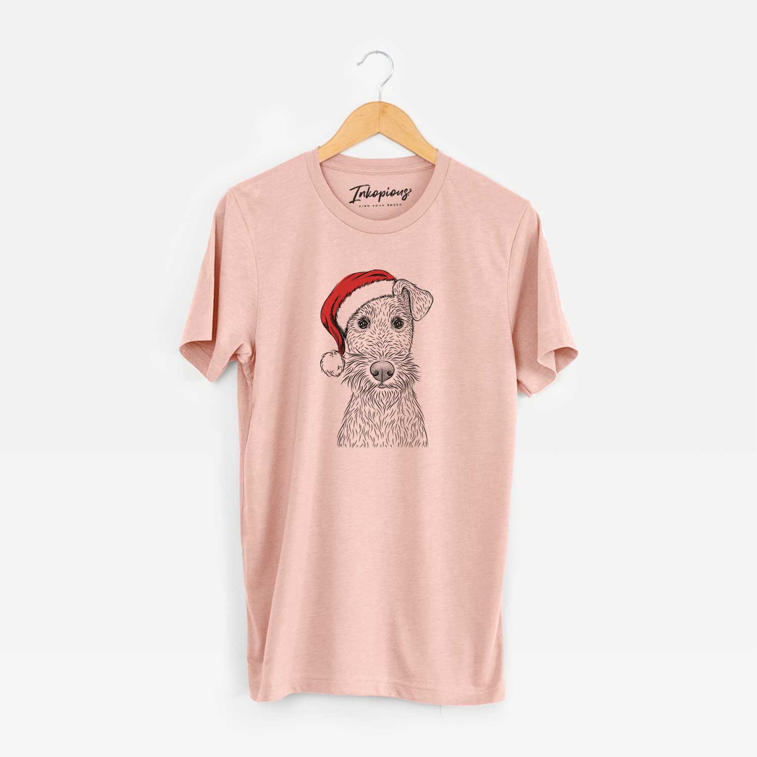 Hand-drawn sketch of Fitz the Wire Fox Terrier wearing a Santa hat on a Peach Unisex crewneck
