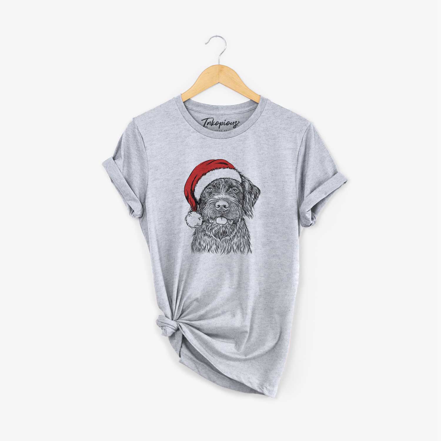 Hand-drawn sketch of Fletcher the Wirehaired Pointing Griffon wearing a Santa hat on a Grey Unisex crewneck