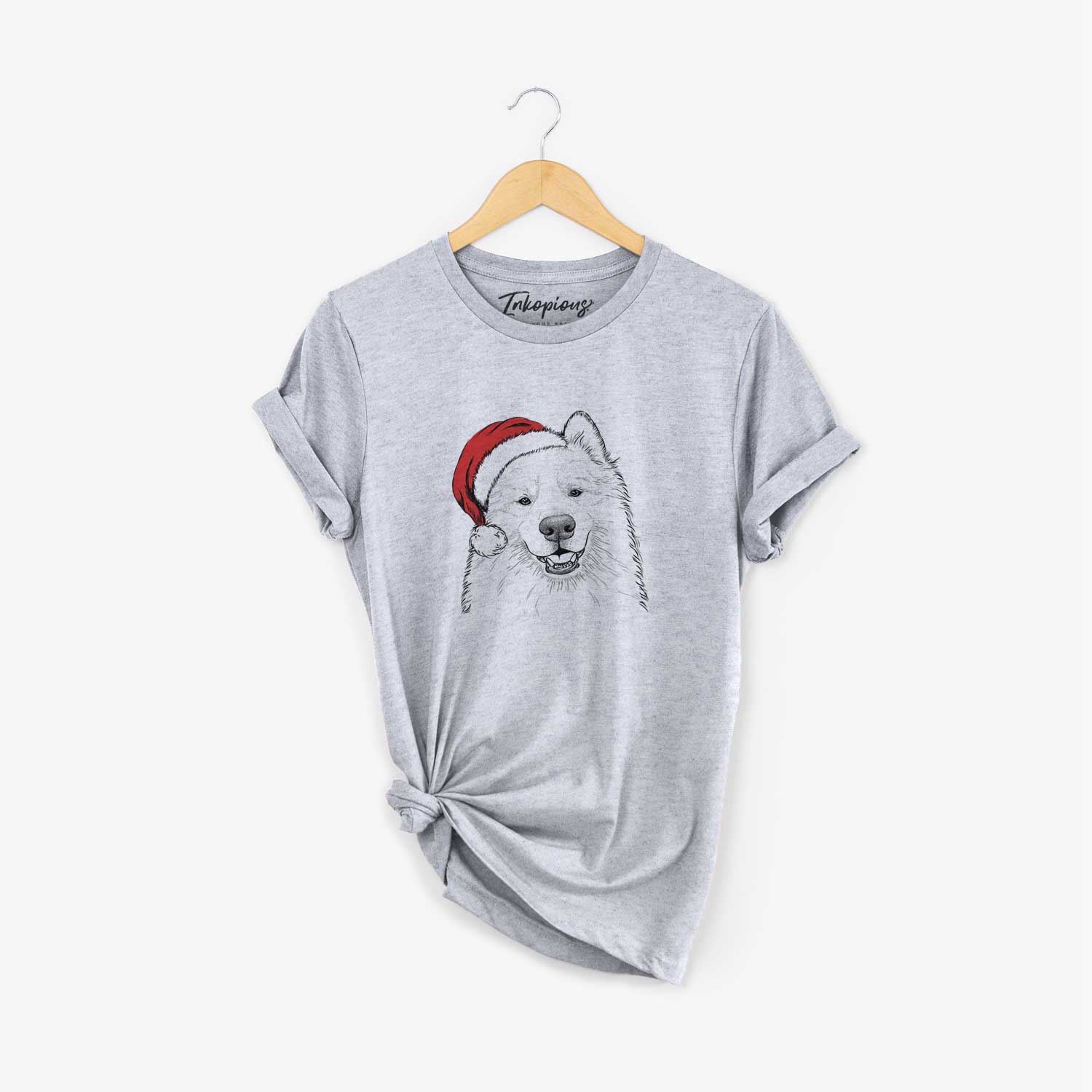 Hand-drawn sketch of Foster the Samoyed wearing a Santa hat on a Grey Unisex crewneck