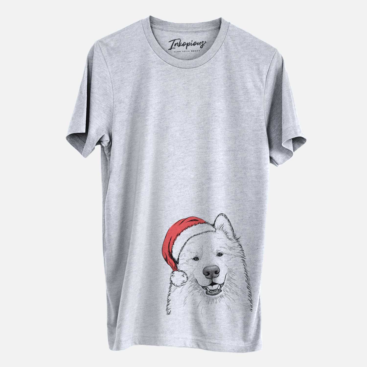 Hand-drawn sketch of Foster the Samoyed wearing a Santa hat on a Grey Unisex crewneck