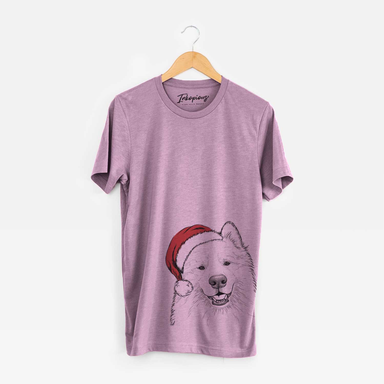Hand-drawn sketch of Foster the Samoyed wearing a Santa hat on an Orchid Unisex crewneck