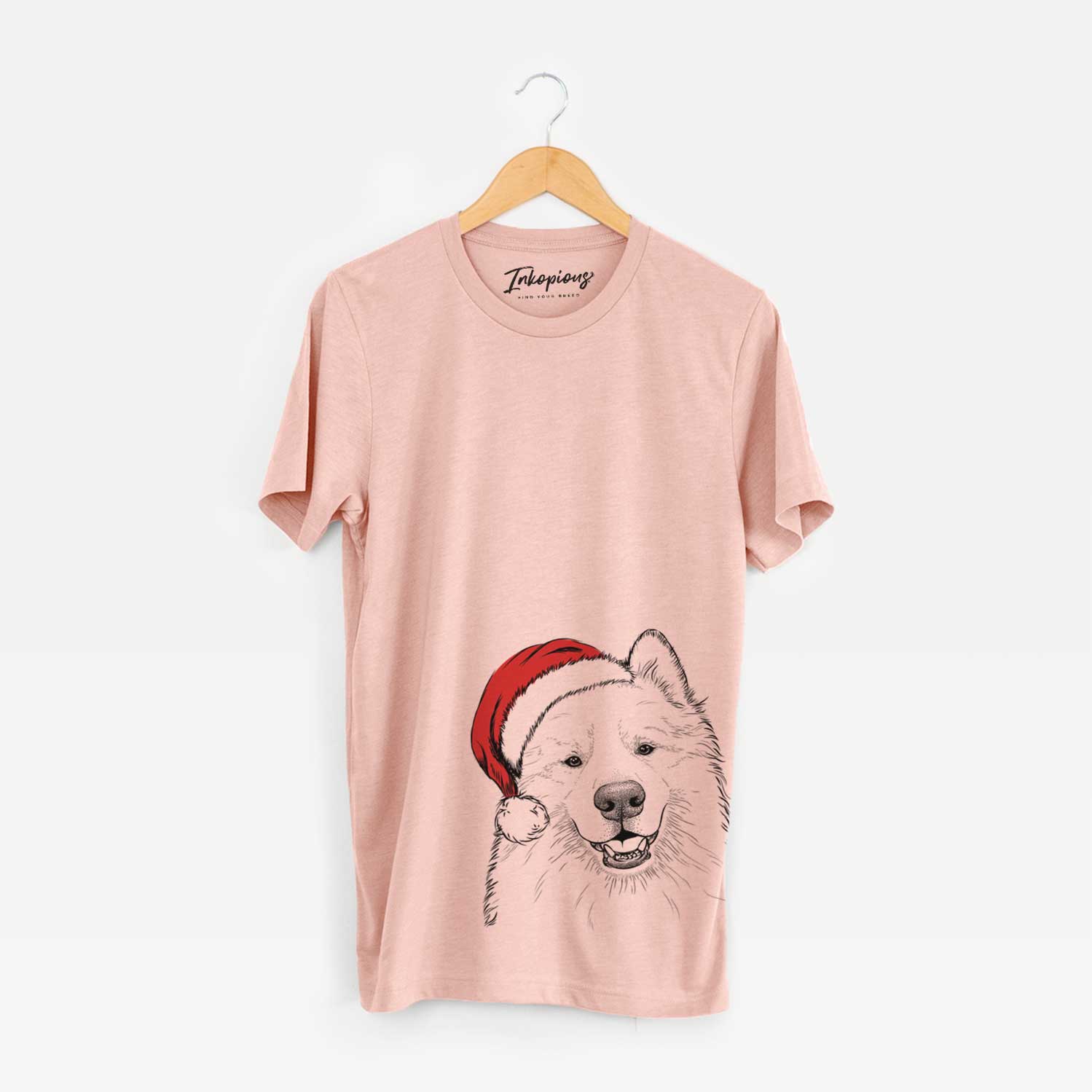Hand-drawn sketch of Foster the Samoyed wearing a Santa hat on a Peach Unisex crewneck