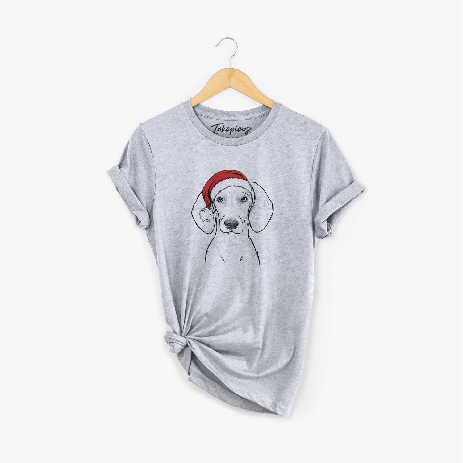 Hand-drawn sketch of Frejya the Weimaraner wearing a Santa hat on a Grey Unisex crewneck