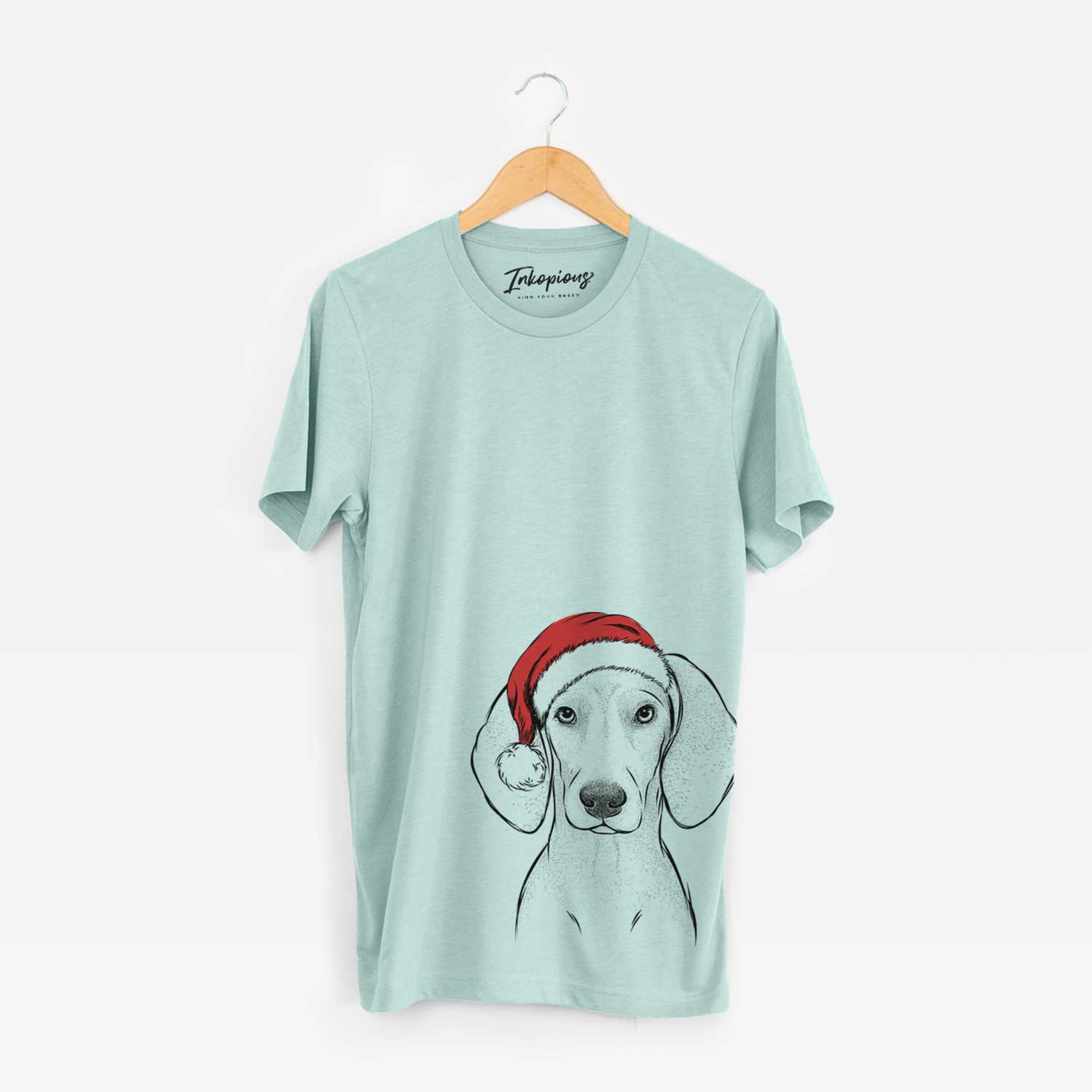 Hand-drawn sketch of Frejya the Weimaraner wearing a Santa hat on a Heather Sage Unisex crewneck
