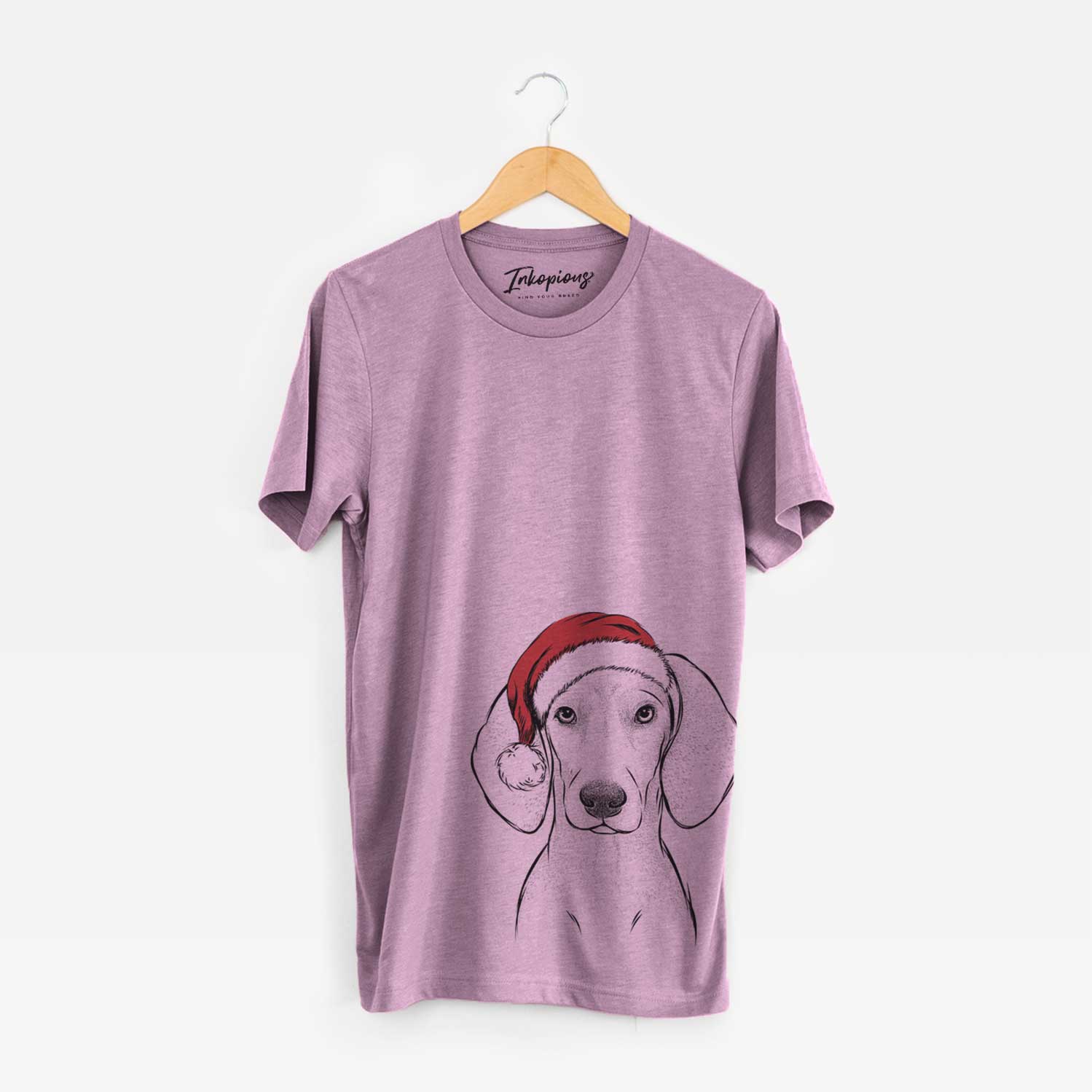 Hand-drawn sketch of Frejya the Weimaraner wearing a Santa hat on an Orchid Unisex crewneck