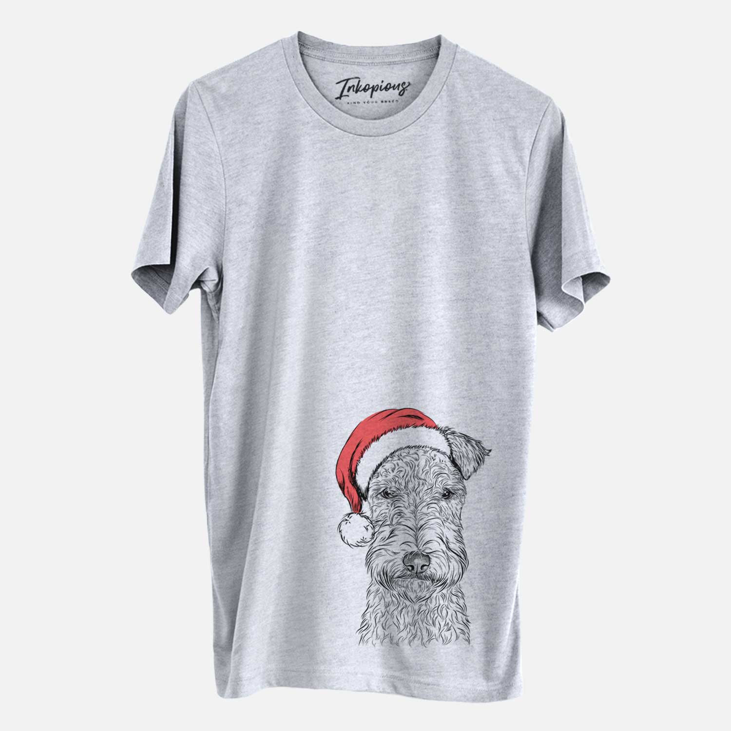 Hand-drawn sketch of Frida the Lakeland Terrier wearing a Santa hat on a Grey Unisex crewneck