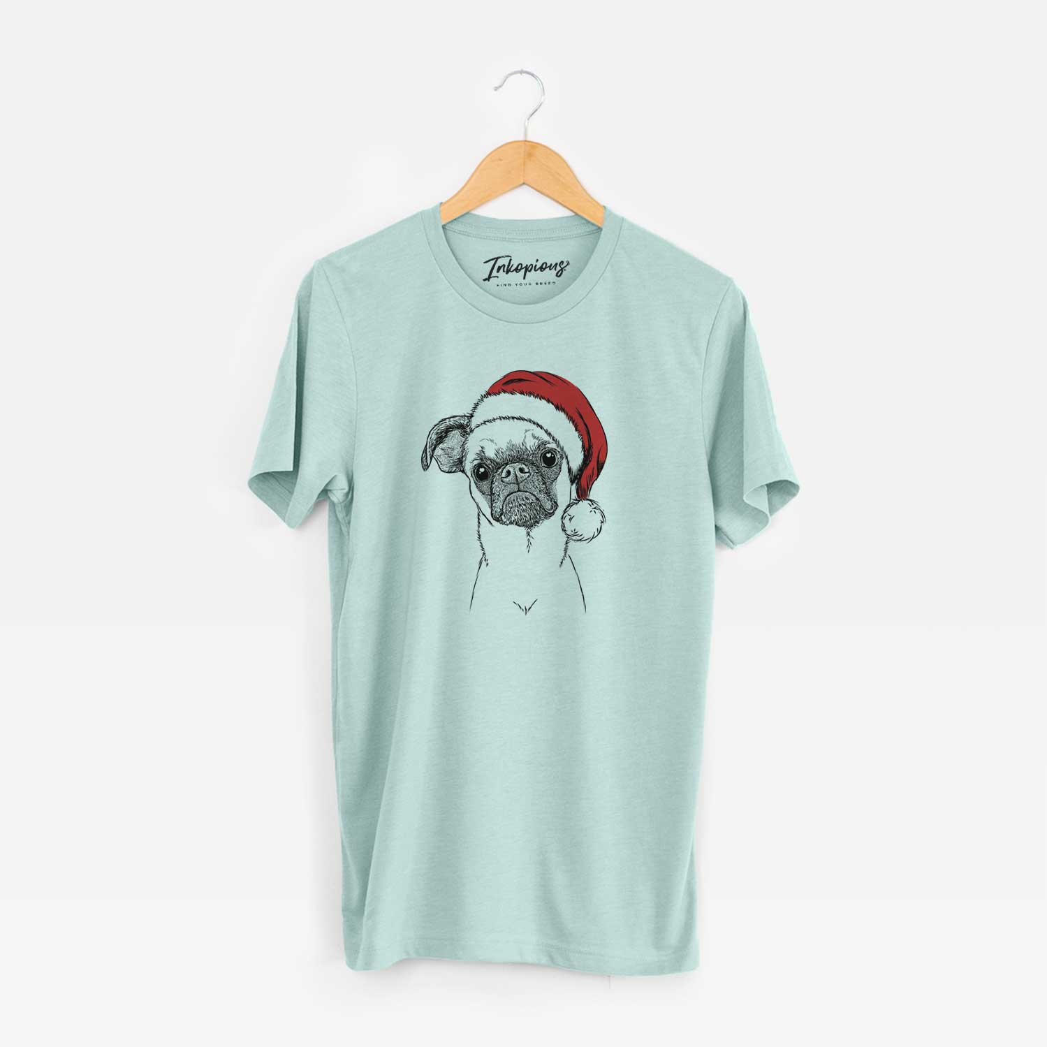 Hand-drawn sketch of Groot the Brussels Griffon wearing a Santa hat on a Heather Sage Unisex crewneck