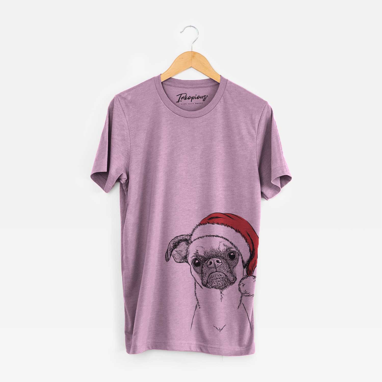 Hand-drawn sketch of Groot the Brussels Griffon wearing a Santa hat on an Orchid Unisex crewneck
