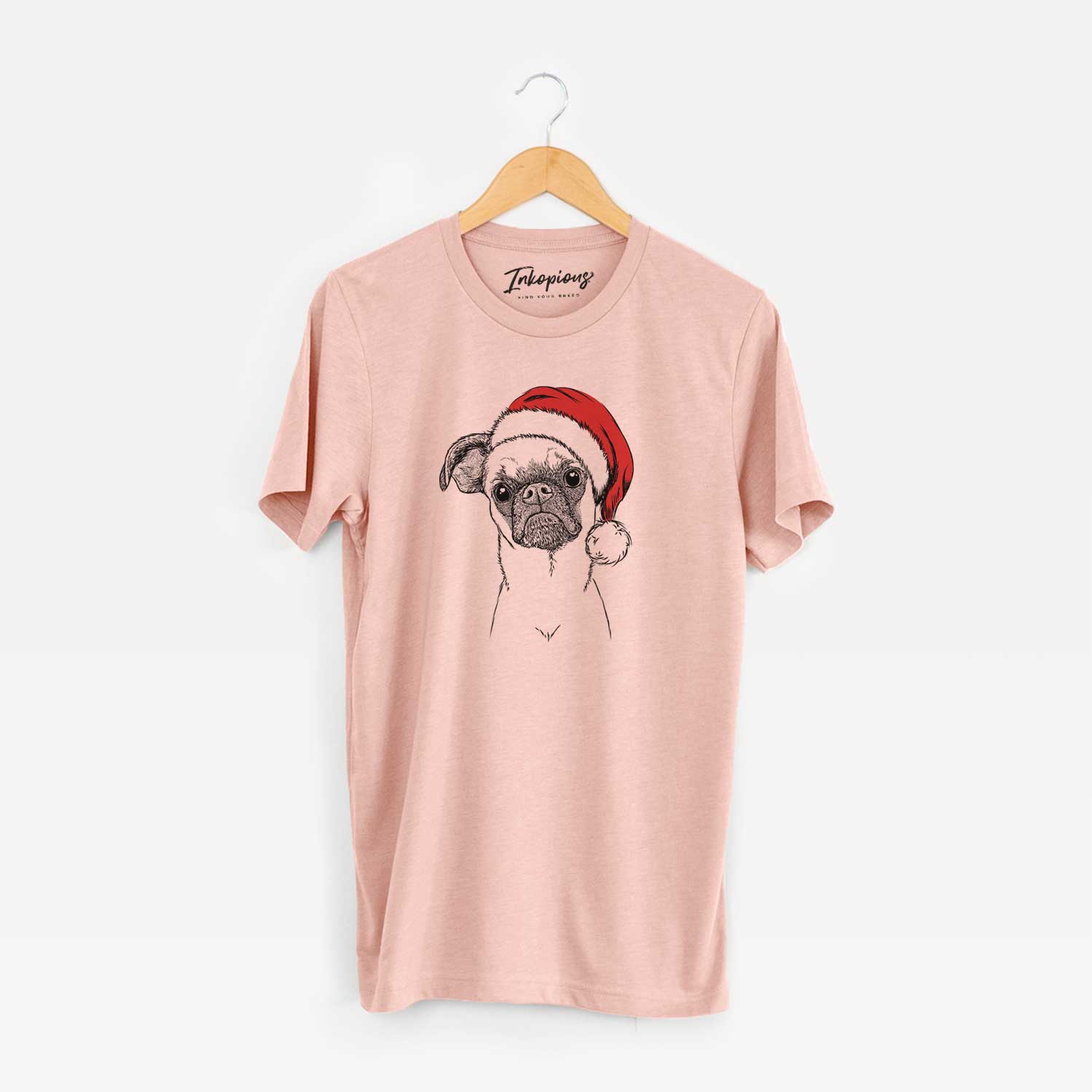 Hand-drawn sketch of Groot the Brussels Griffon wearing a Santa hat on a Peach Unisex crewneck
