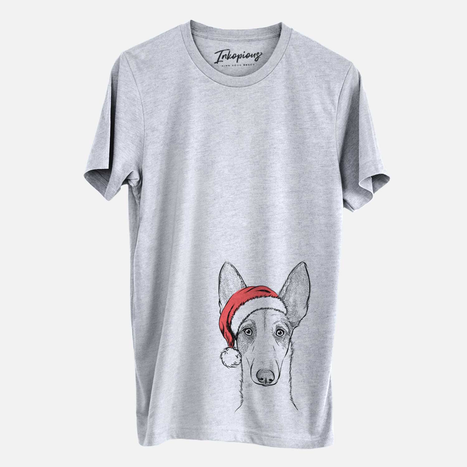 Hand-drawn sketch of Halo the Ibizan Sight Hound wearing a Santa hat on a Grey Unisex crewneck