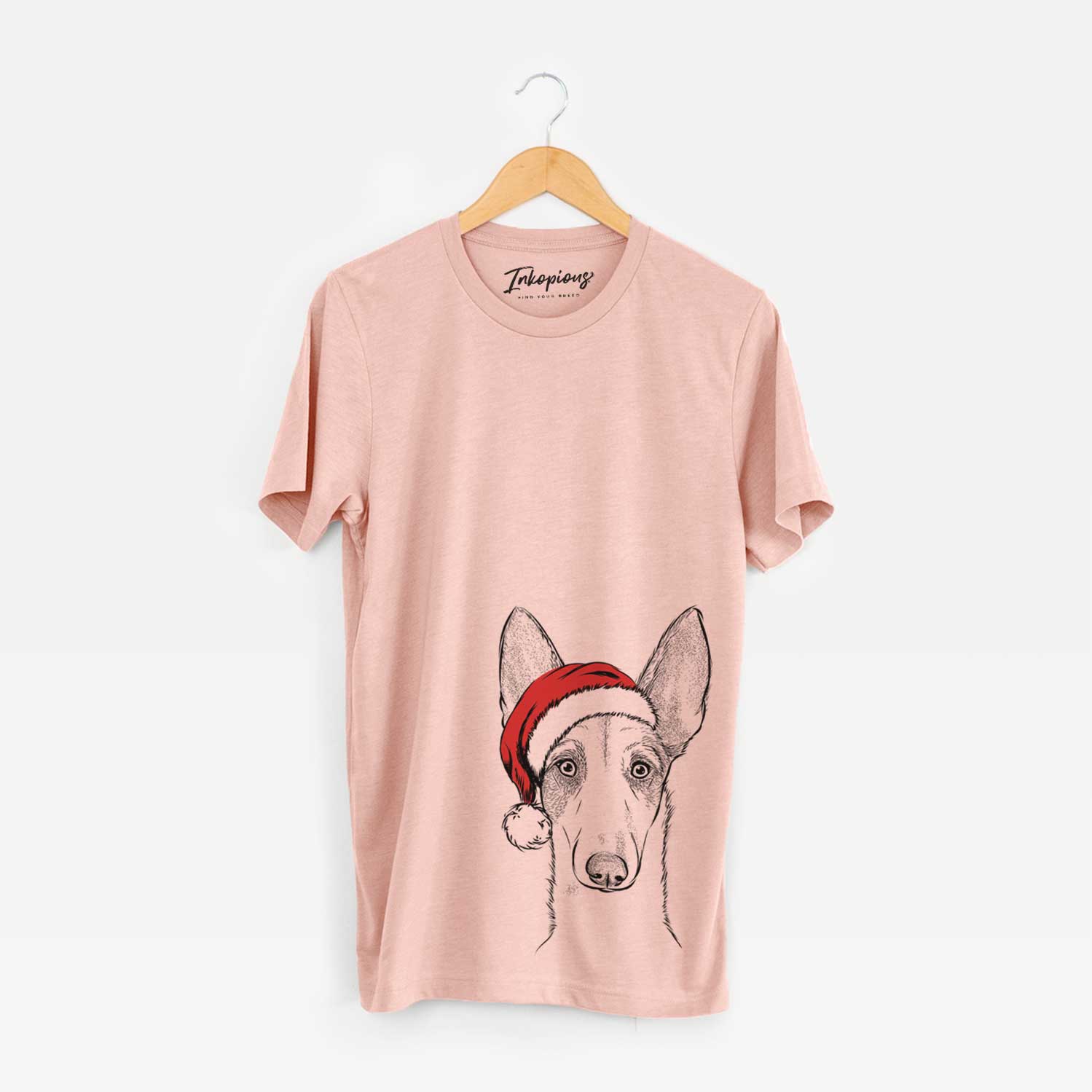 Hand-drawn sketch of Halo the Ibizan Sight Hound wearing a Santa hat on a Peach Unisex crewneck