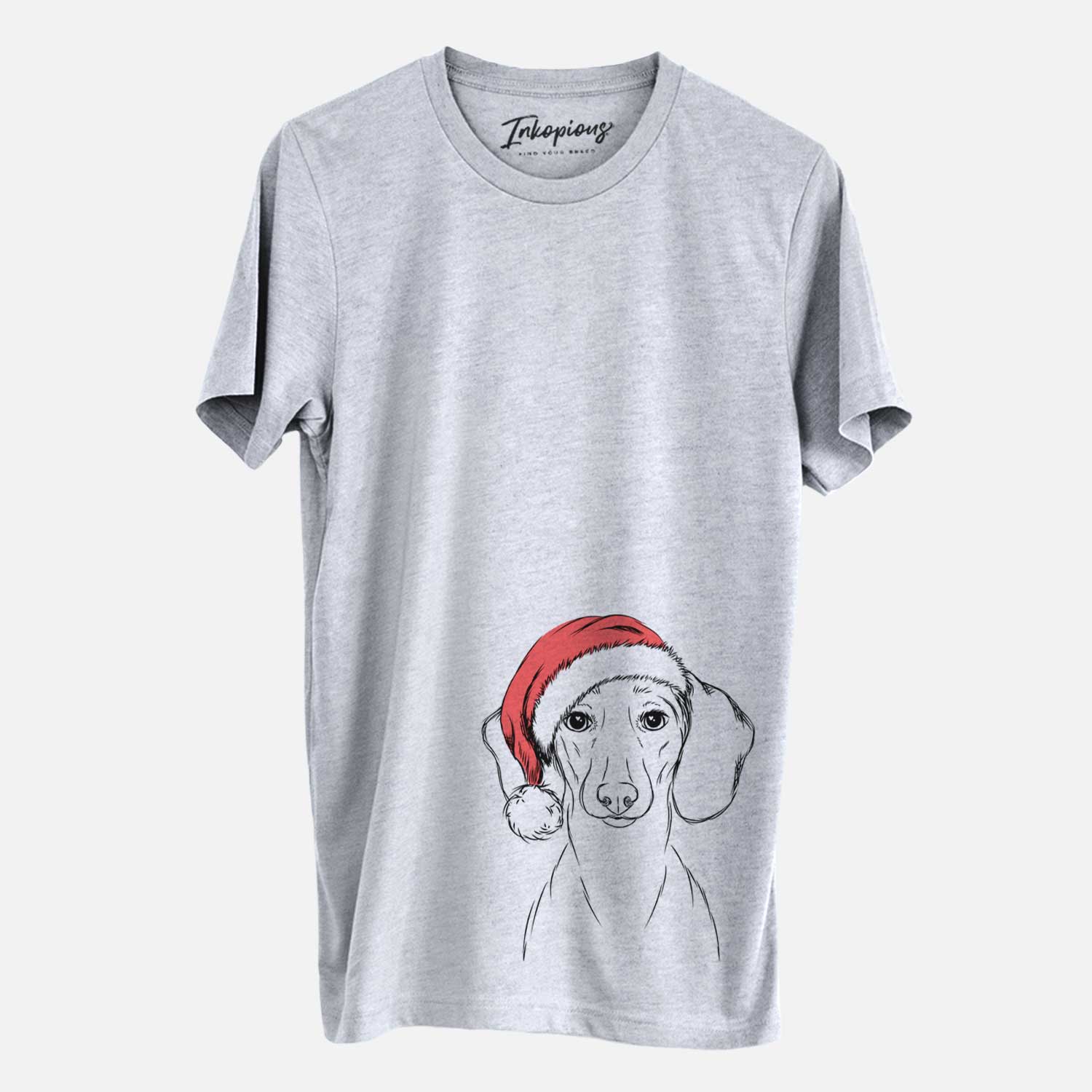 Hand-drawn sketch of Hans the Dachshund wearing a Santa hat on a Grey Unisex crewneck