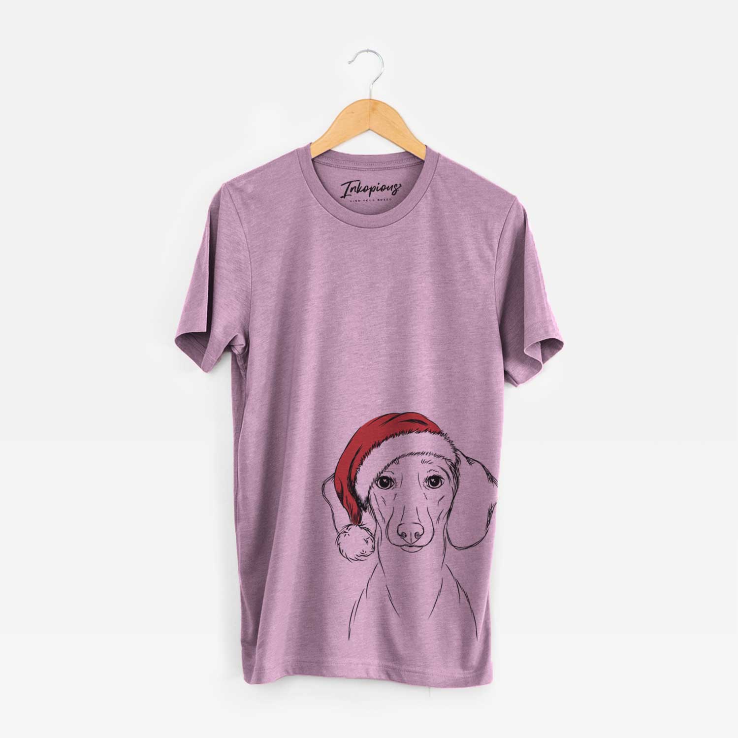 Hand-drawn sketch of Hans the Dachshund wearing a Santa hat on an Orchid Unisex crewneck