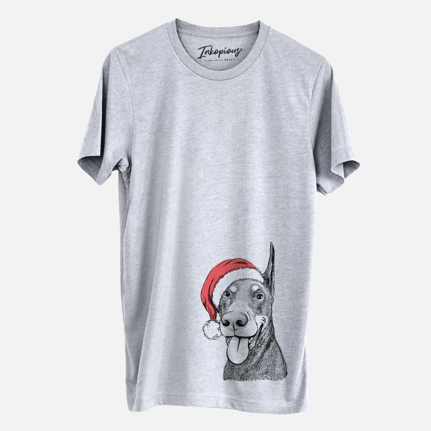 Hand-drawn sketch of Happy Sunny the Doberman Pinscher wearing a Santa hat on a Grey Unisex crewneck