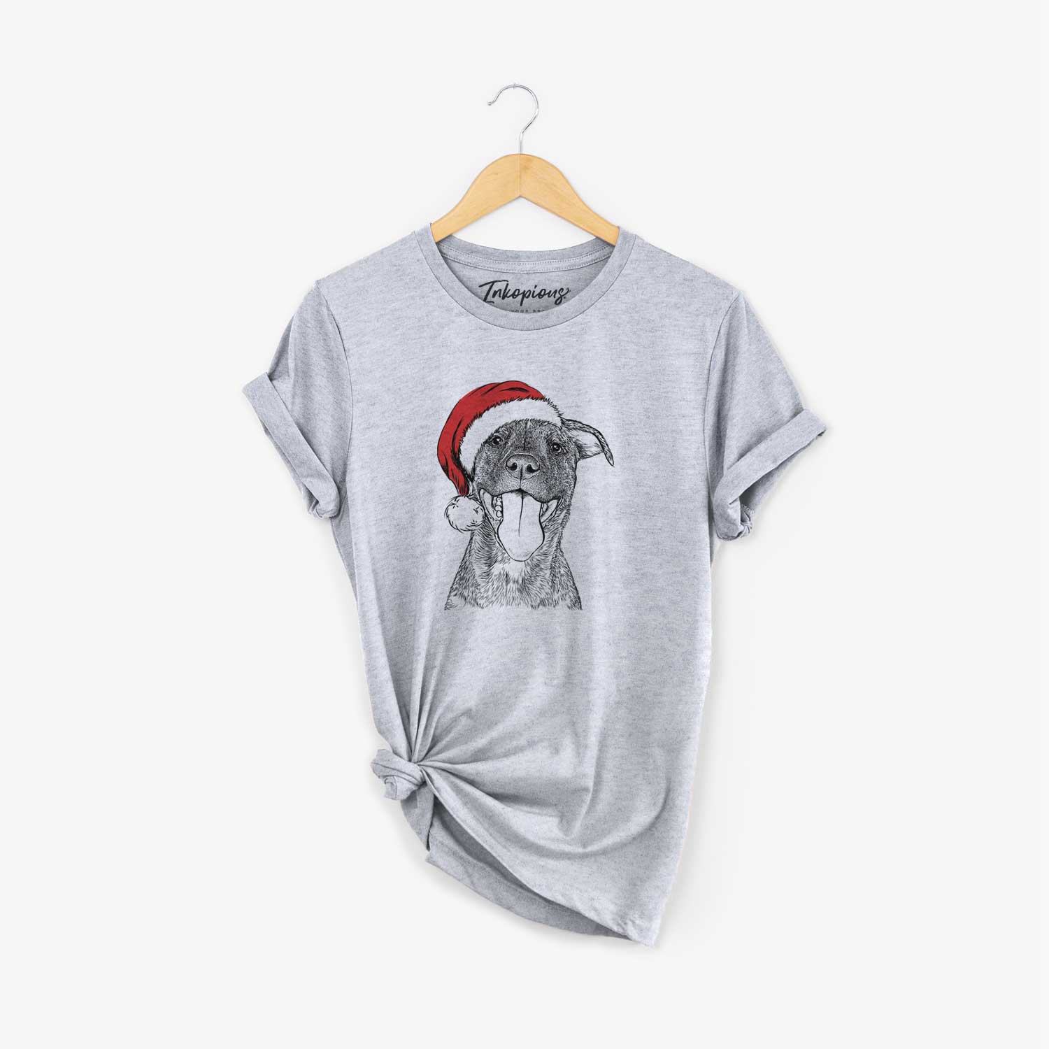 Hand-drawn sketch of Harley the Pitbull Mix wearing a Santa hat on a Grey Unisex crewneck