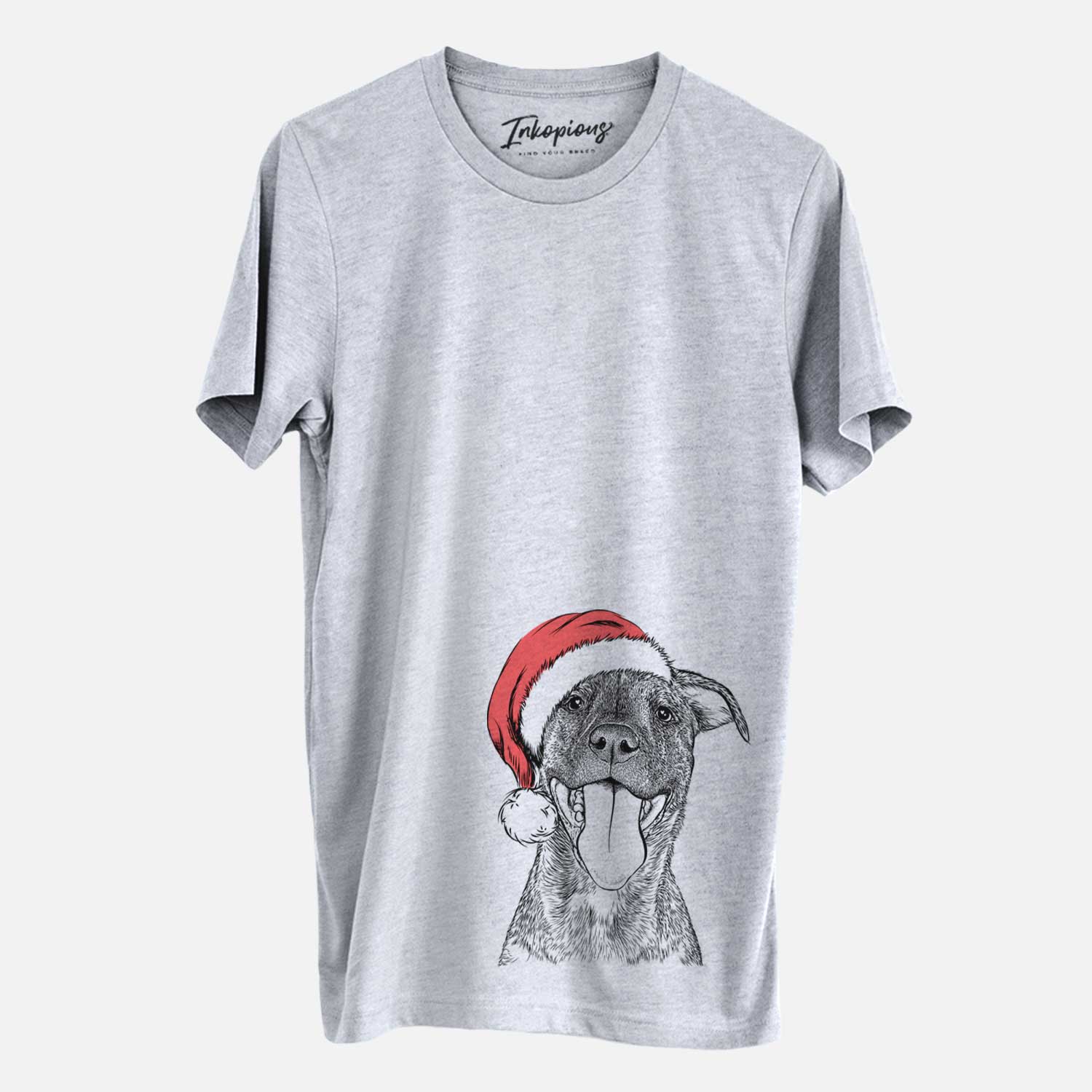 Hand-drawn sketch of Harley the Pitbull Mix wearing a Santa hat on a Grey Unisex crewneck