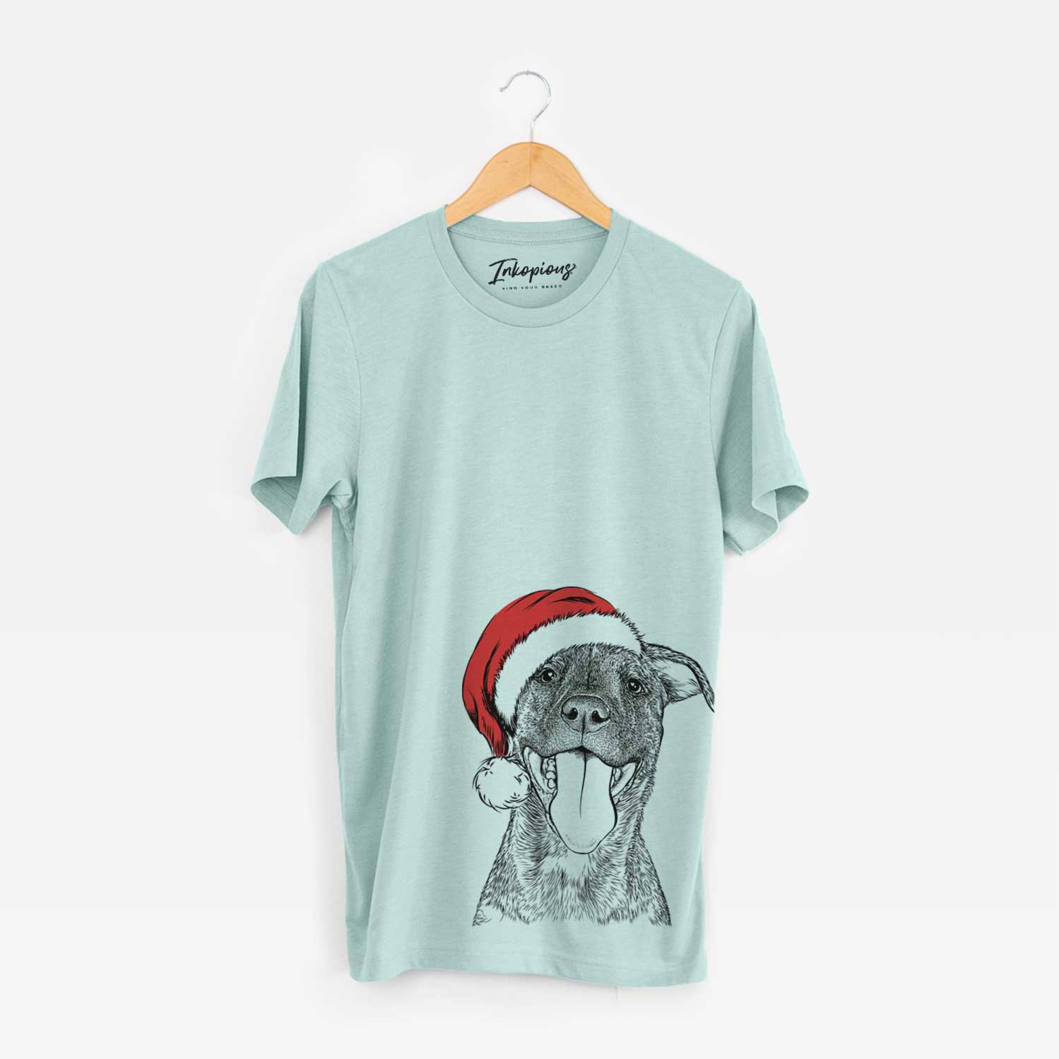 Hand-drawn sketch of Harley the Pitbull Mix wearing a Santa hat on a Heather Sage Unisex crewneck