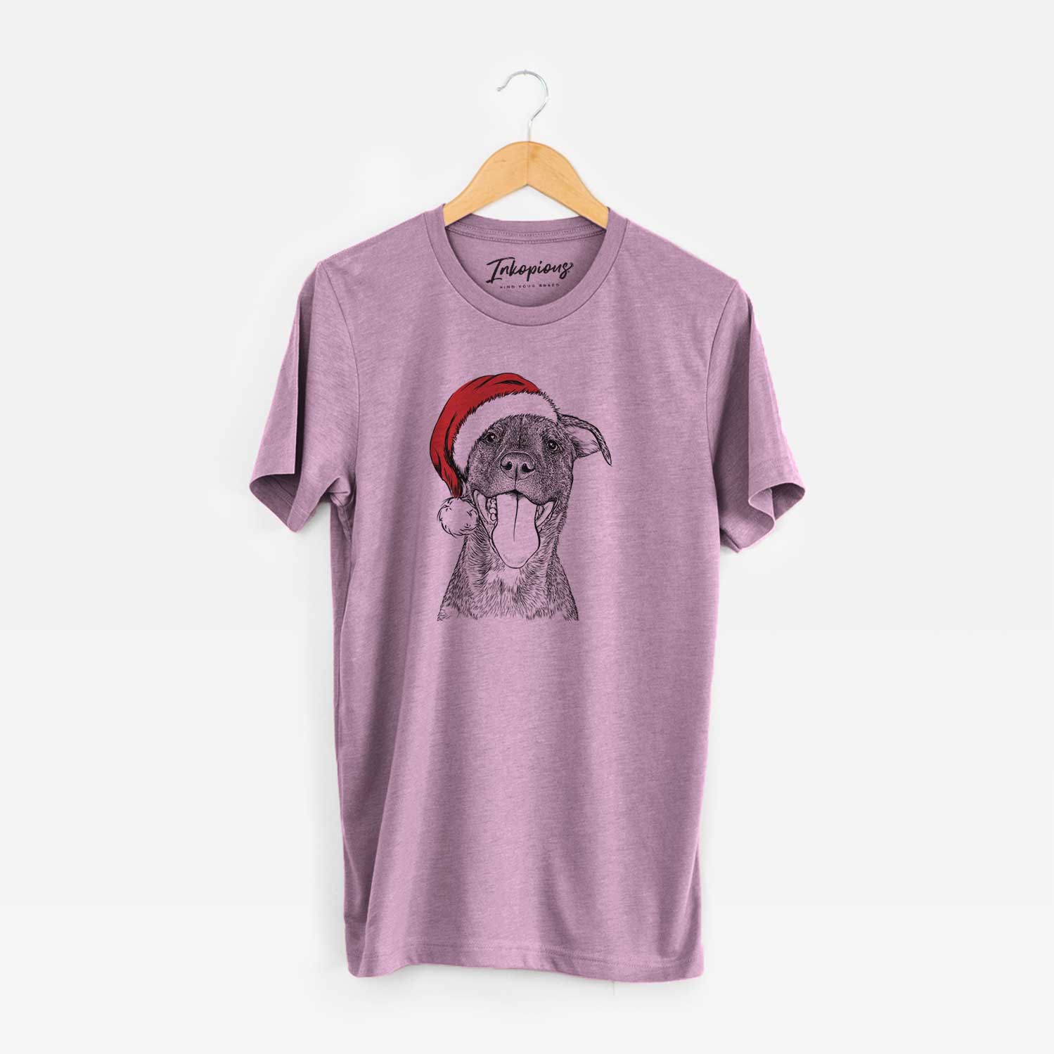 Hand-drawn sketch of Harley the Pitbull Mix wearing a Santa hat on an Orchid Unisex crewneck