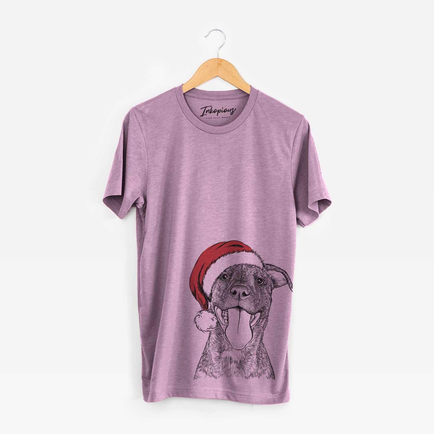 Hand-drawn sketch of Harley the Pitbull Mix wearing a Santa hat on an Orchid Unisex crewneck