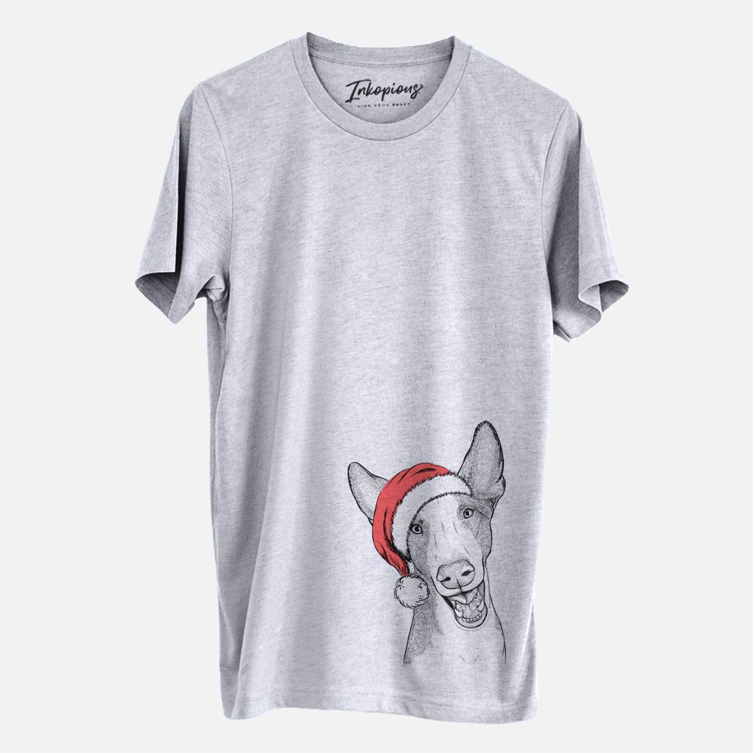 Hand-drawn sketch of Havok the Ibizan Hound wearing a Santa hat on a Grey Unisex crewneck