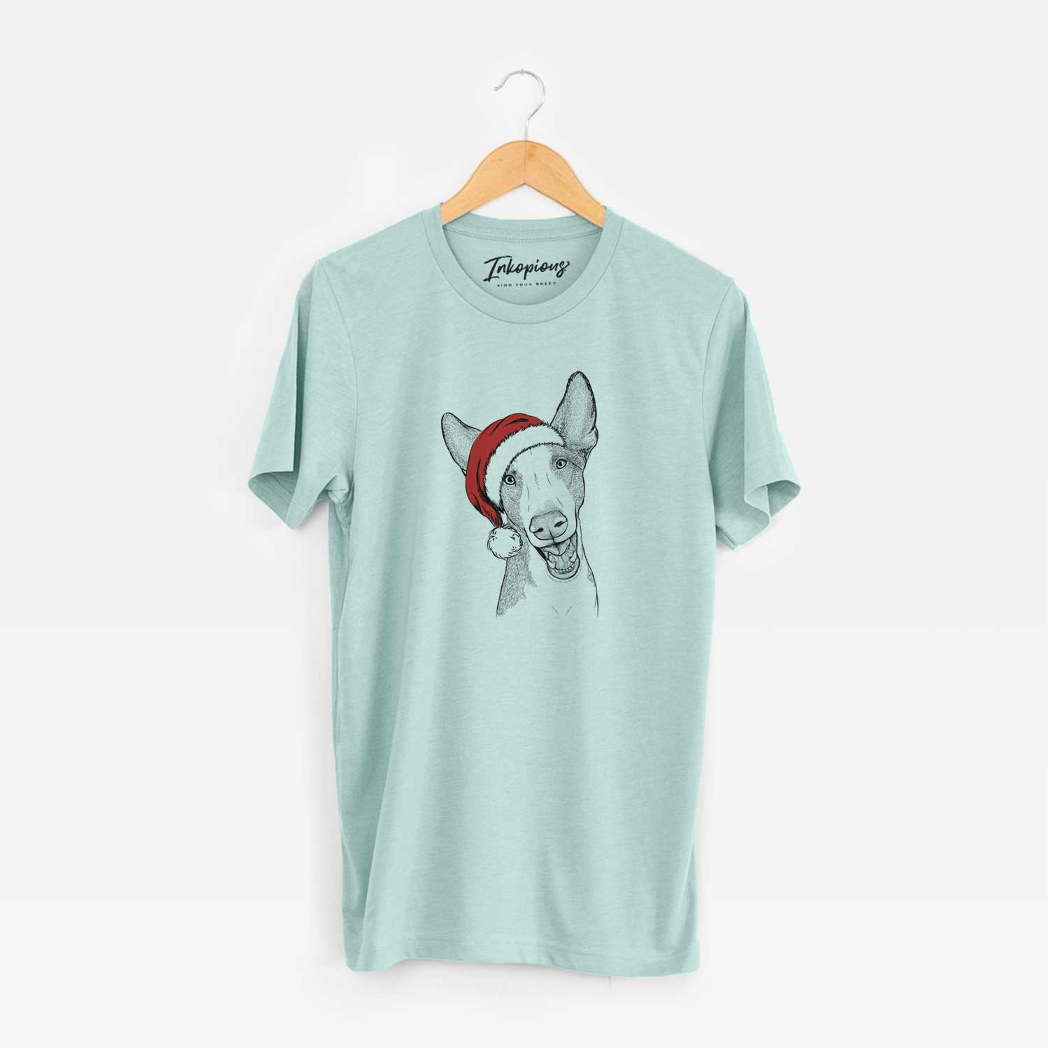 Hand-drawn sketch of Havok the Ibizan Hound wearing a Santa hat on a Heather Sage Unisex crewneck