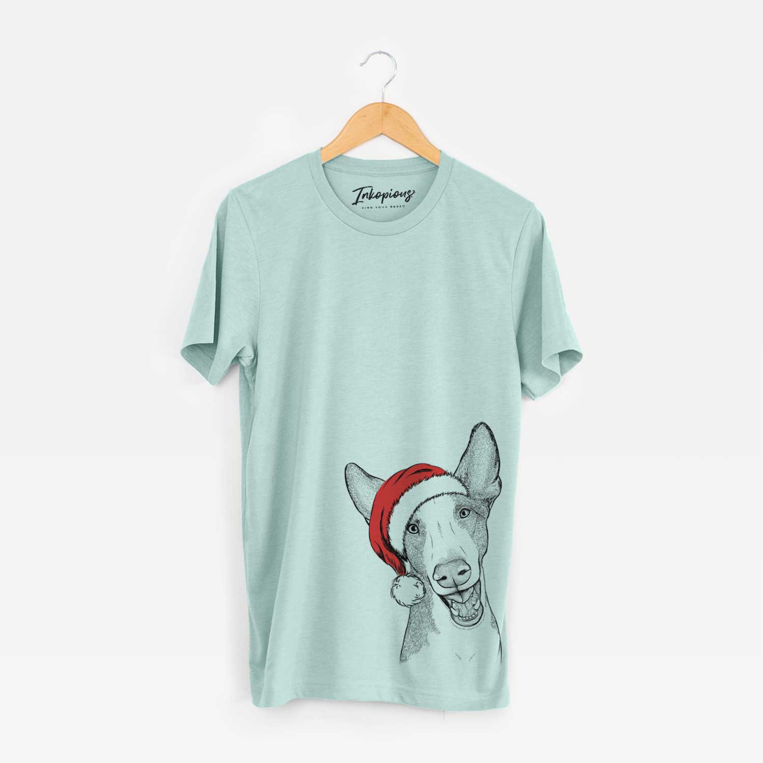 Hand-drawn sketch of Havok the Ibizan Hound wearing a Santa hat on a Heather Sage Unisex crewneck