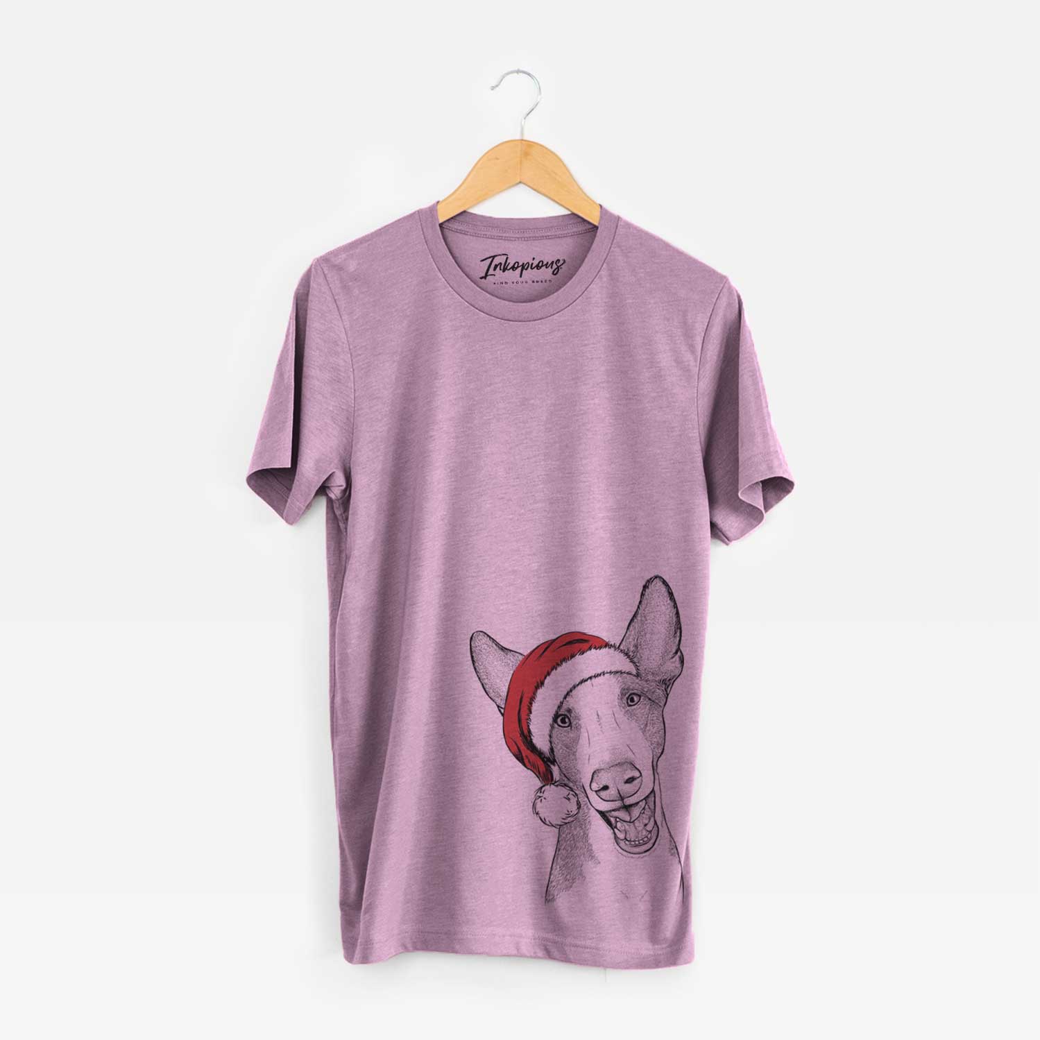 Hand-drawn sketch of Havok the Ibizan Hound wearing a Santa hat on an Orchid Unisex crewneck