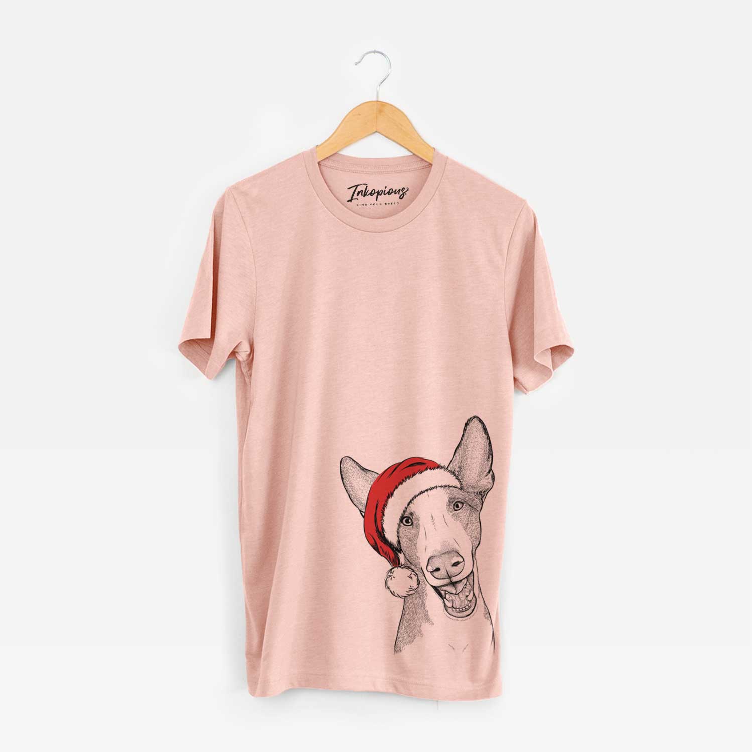 Hand-drawn sketch of Havok the Ibizan Hound wearing a Santa hat on a Peach Unisex crewneck