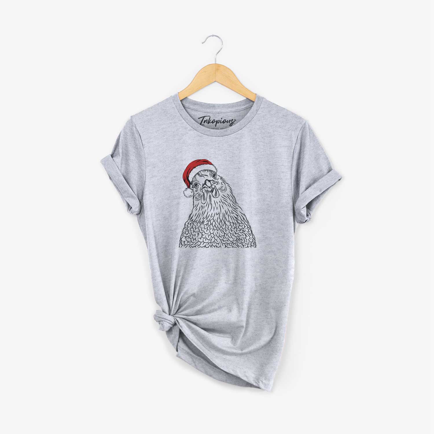 Hand-drawn sketch of Henrietta the Chicken wearing a Santa hat on a Grey Unisex crewneck