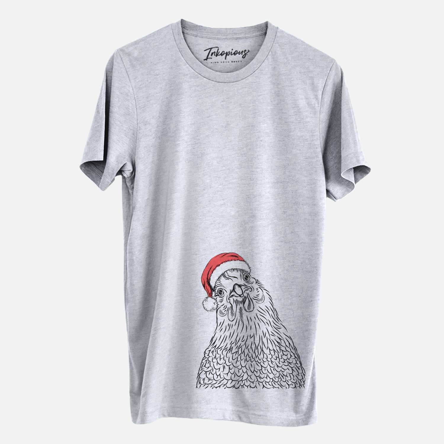 Hand-drawn sketch of Henrietta the Chicken wearing a Santa hat on a Grey Unisex crewneck