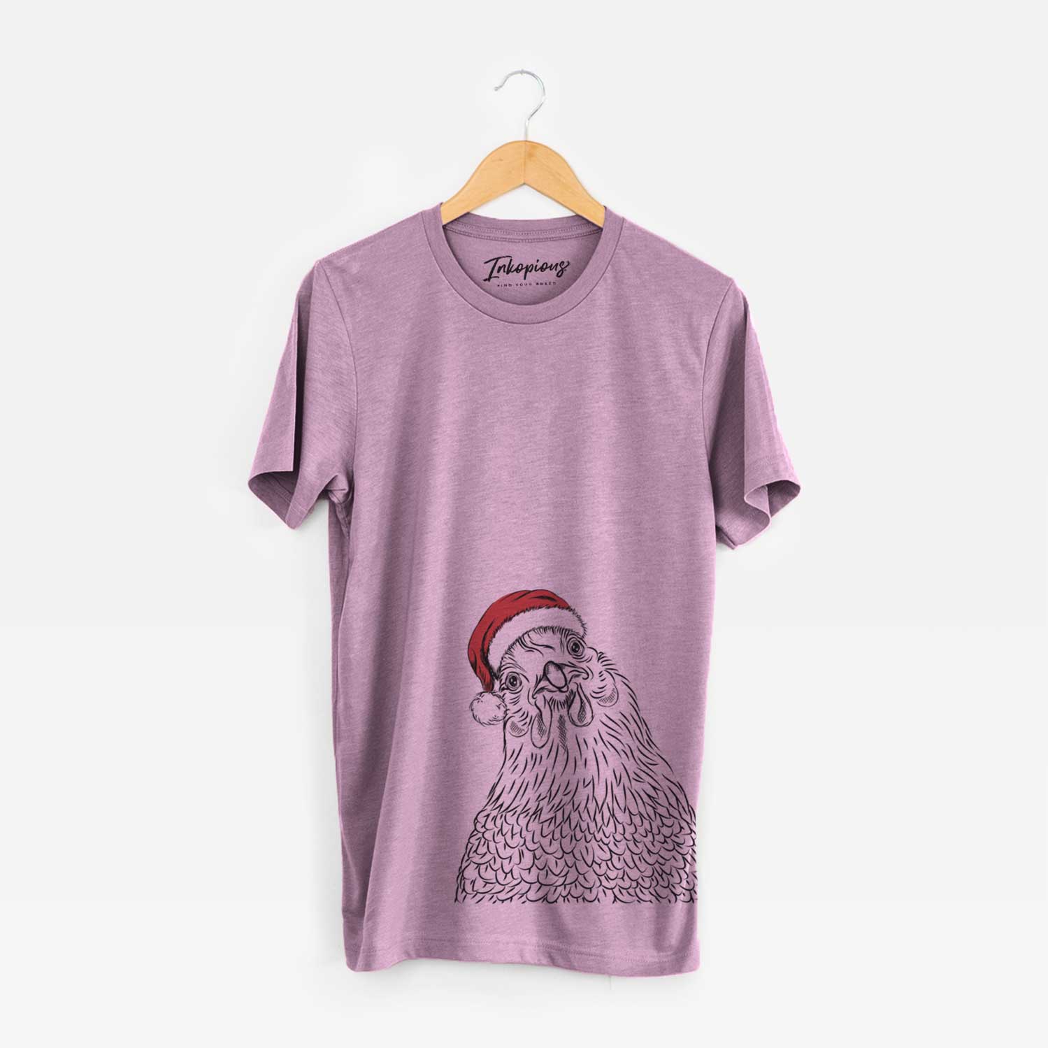 Hand-drawn sketch of Henrietta the Chicken wearing a Santa hat on an Orchid Unisex crewneck
