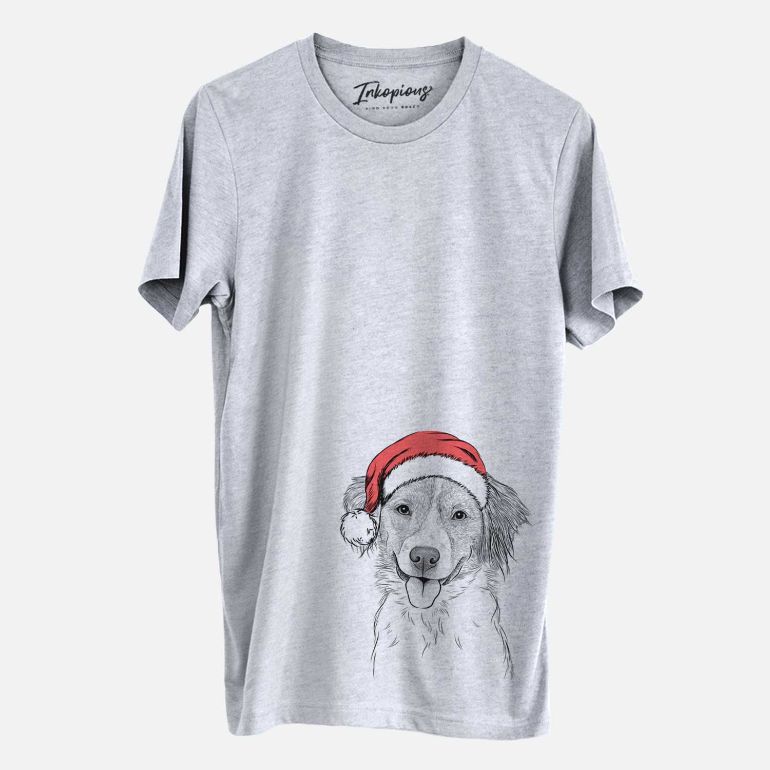 Hand-drawn sketch of Hercules the Nederlandse Kooikerhondje wearing a Santa hat on a Grey Unisex crewneck