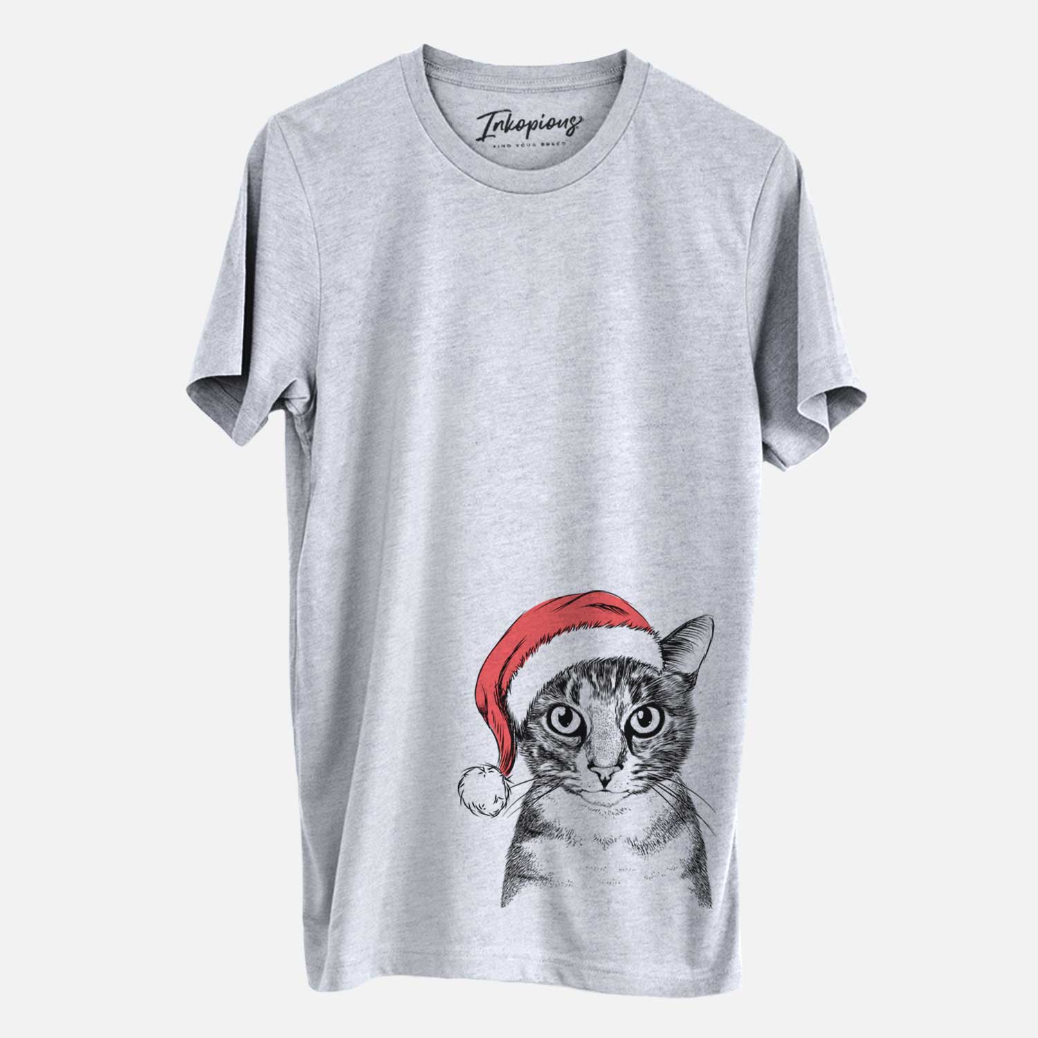 Hand-drawn sketch of Hobbes the Tabby Cat wearing a Santa hat on a Grey Unisex crewneck