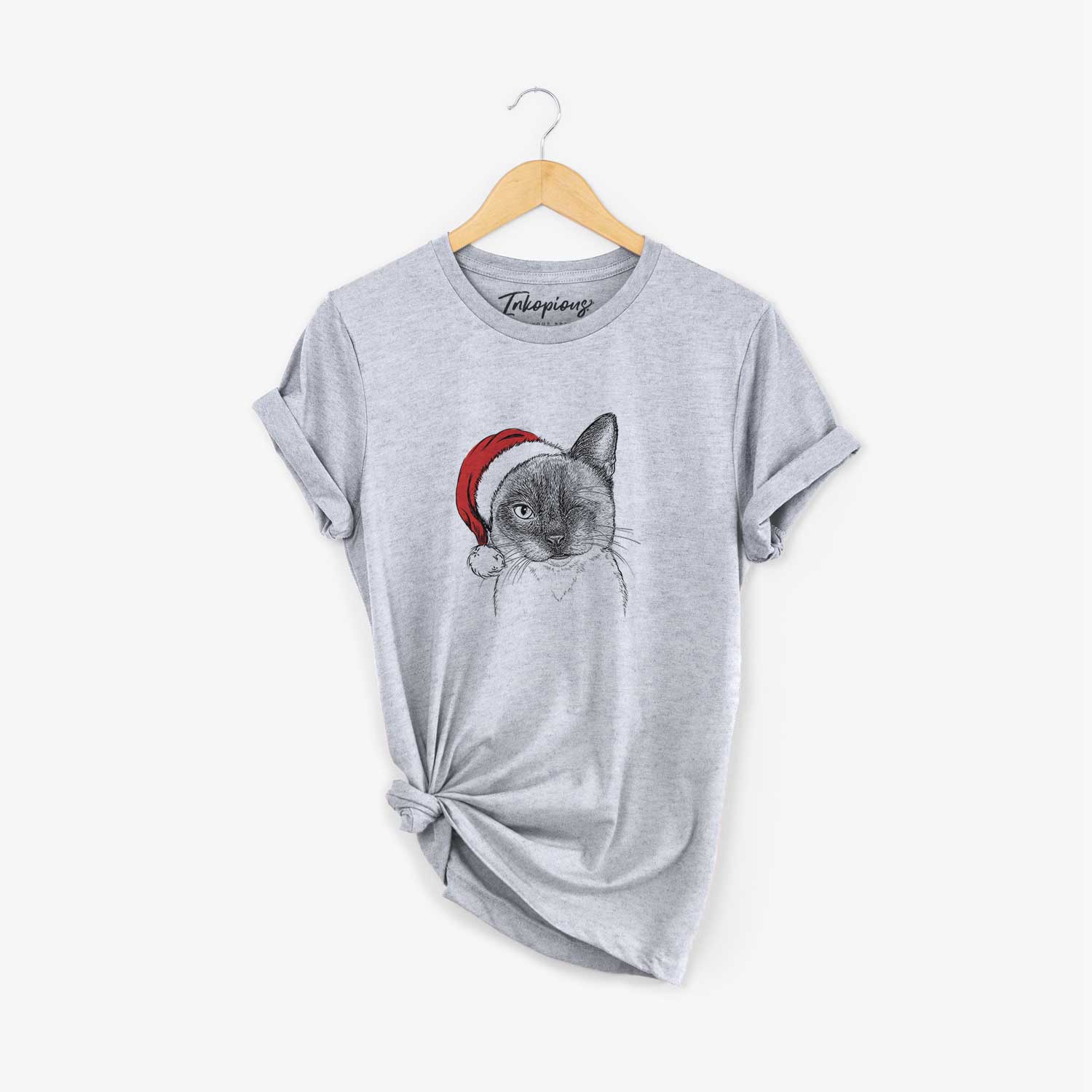 Hand-drawn sketch of Hoggle the Siamese Cat wearing a Santa hat on a Grey Unisex crewneck
