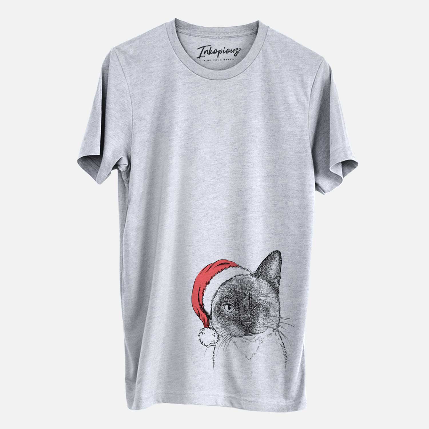 Hand-drawn sketch of Hoggle the Siamese Cat wearing a Santa hat on a Grey Unisex crewneck