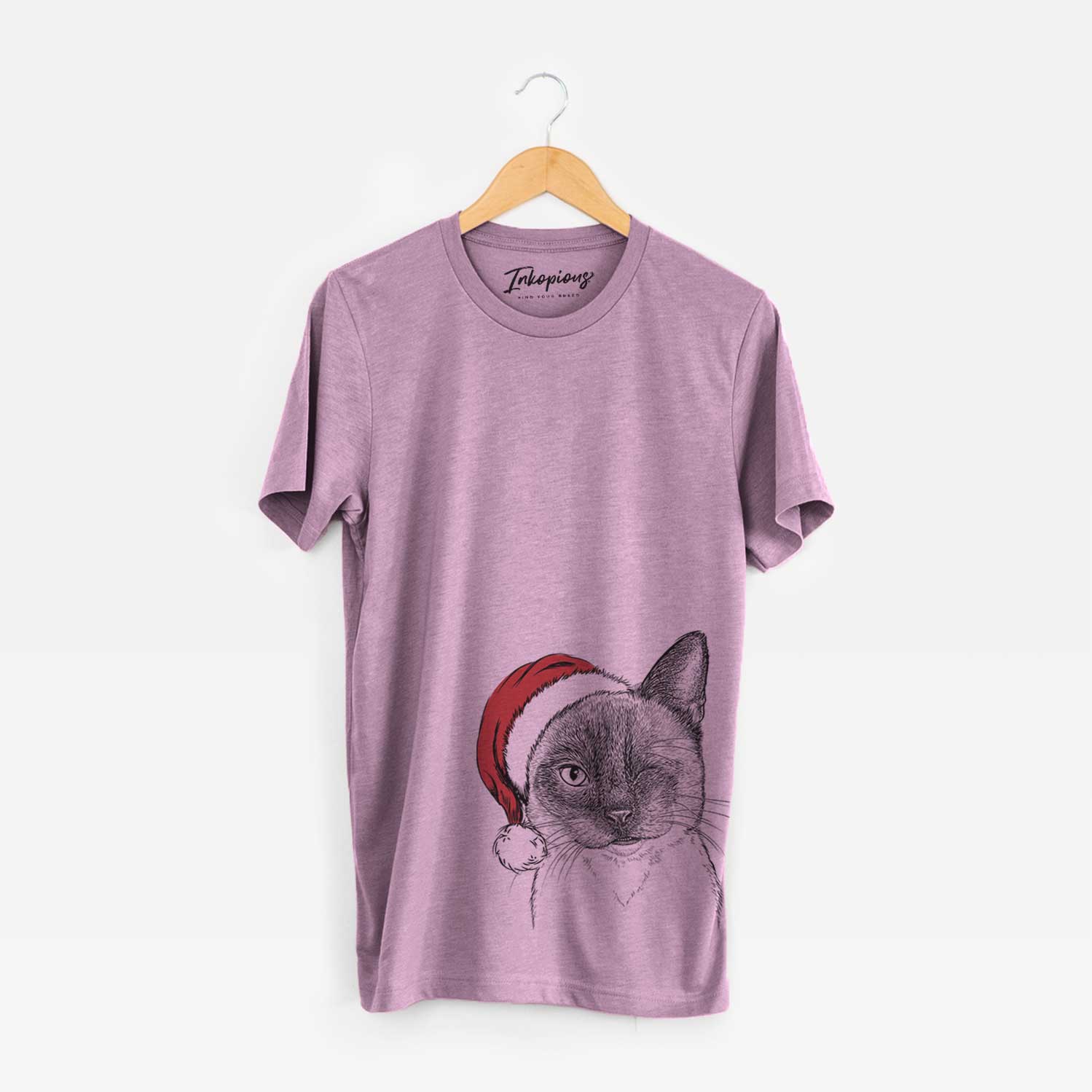 Hand-drawn sketch of Hoggle the Siamese Cat wearing a Santa hat on an Orchid Unisex crewneck