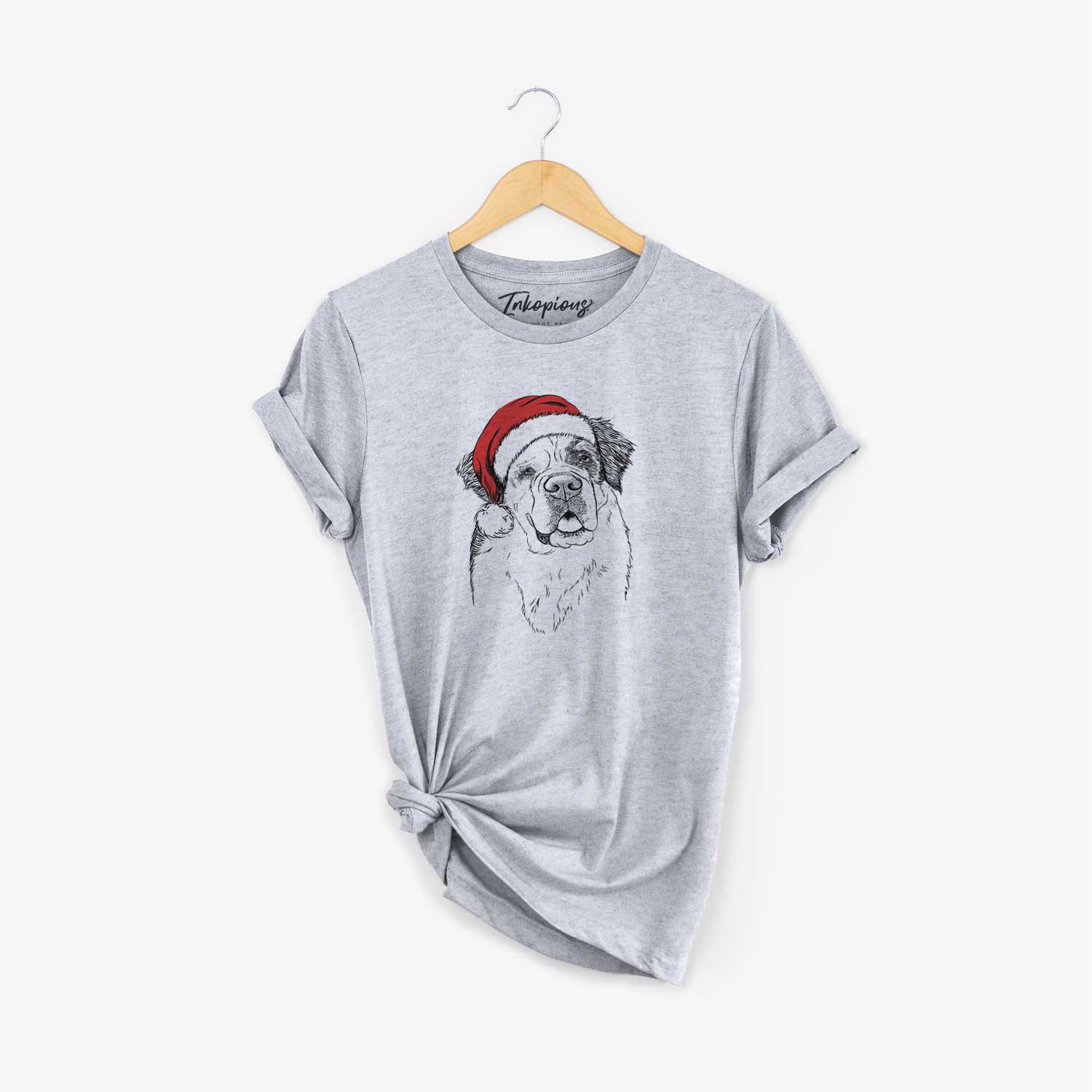 Hand-drawn sketch of Hook the Saint Bernard wearing a Santa hat on a Grey Unisex crewneck