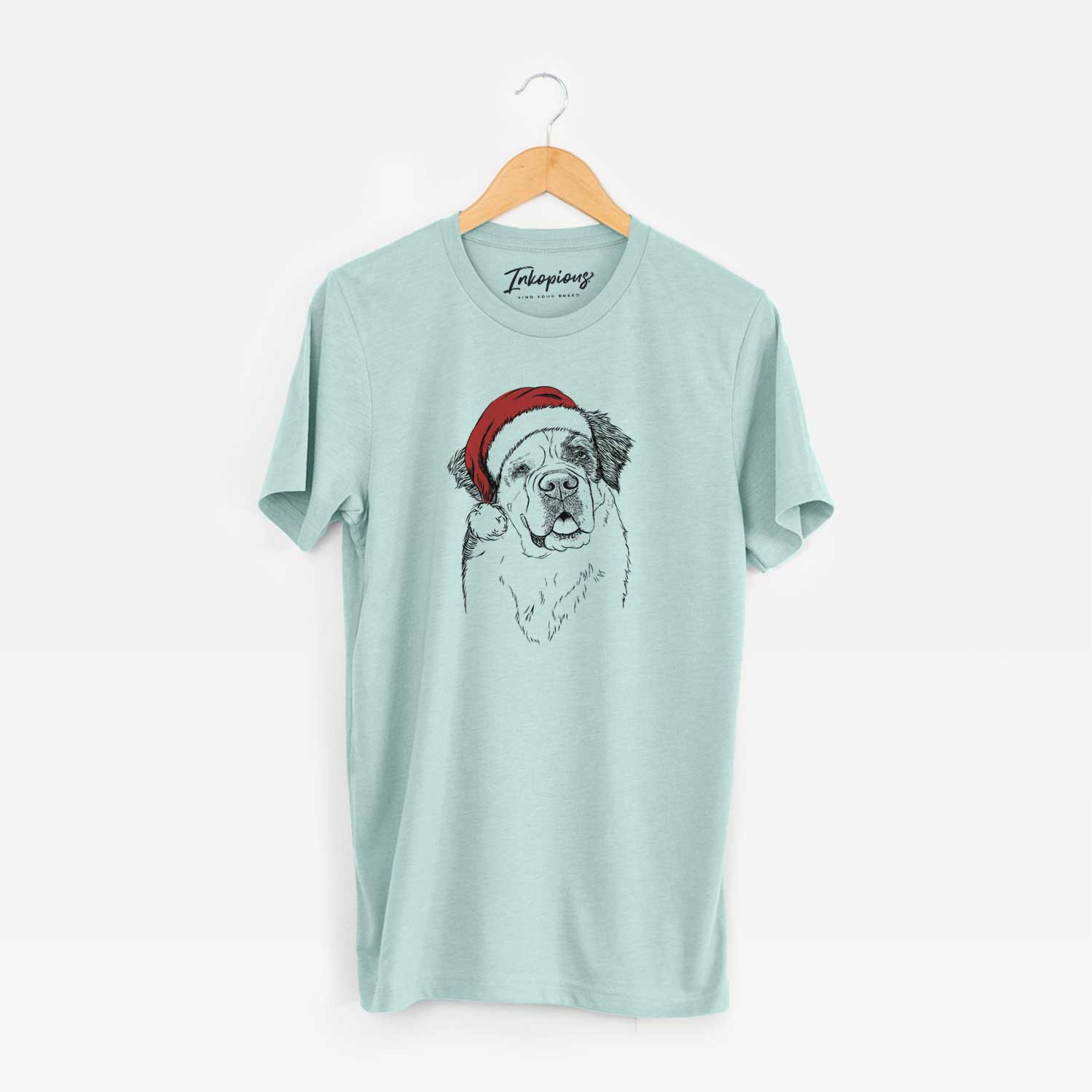 Hand-drawn sketch of Hook the Saint Bernard wearing a Santa hat on a Heather Sage Unisex crewneck