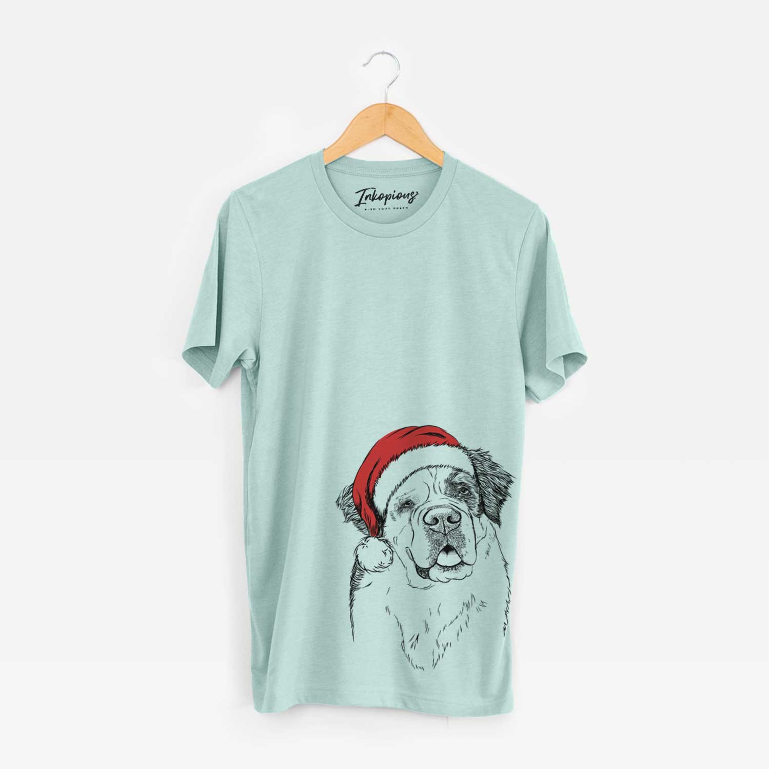 Hand-drawn sketch of Hook the Saint Bernard wearing a Santa hat on a Heather Sage Unisex crewneck