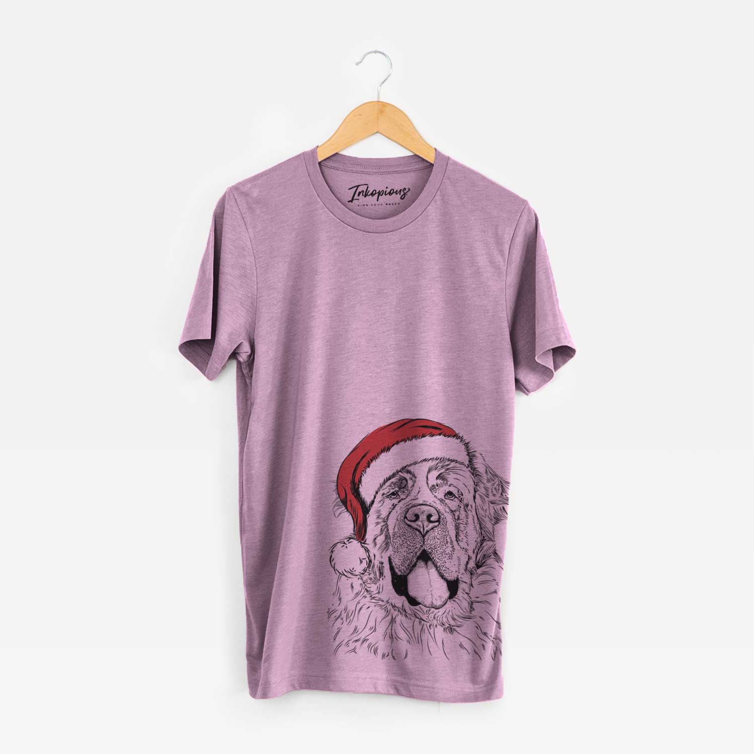 Hand-drawn sketch of Hoss the Saint Bernard wearing a Santa hat on an Orchid Unisex crewneck